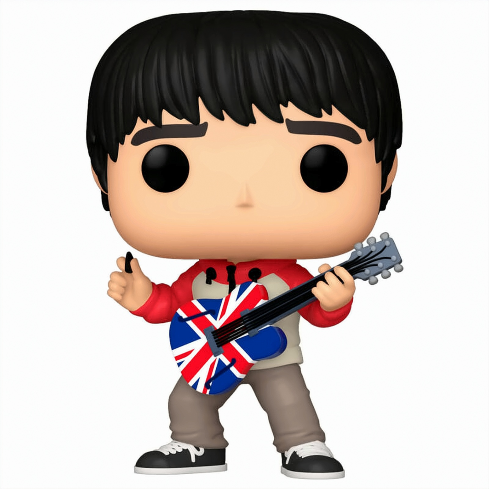 Una figura Funko Pop di un uomo che tiene una chitarra con un disegno Union Jack. Sta facendo il pollice in su.