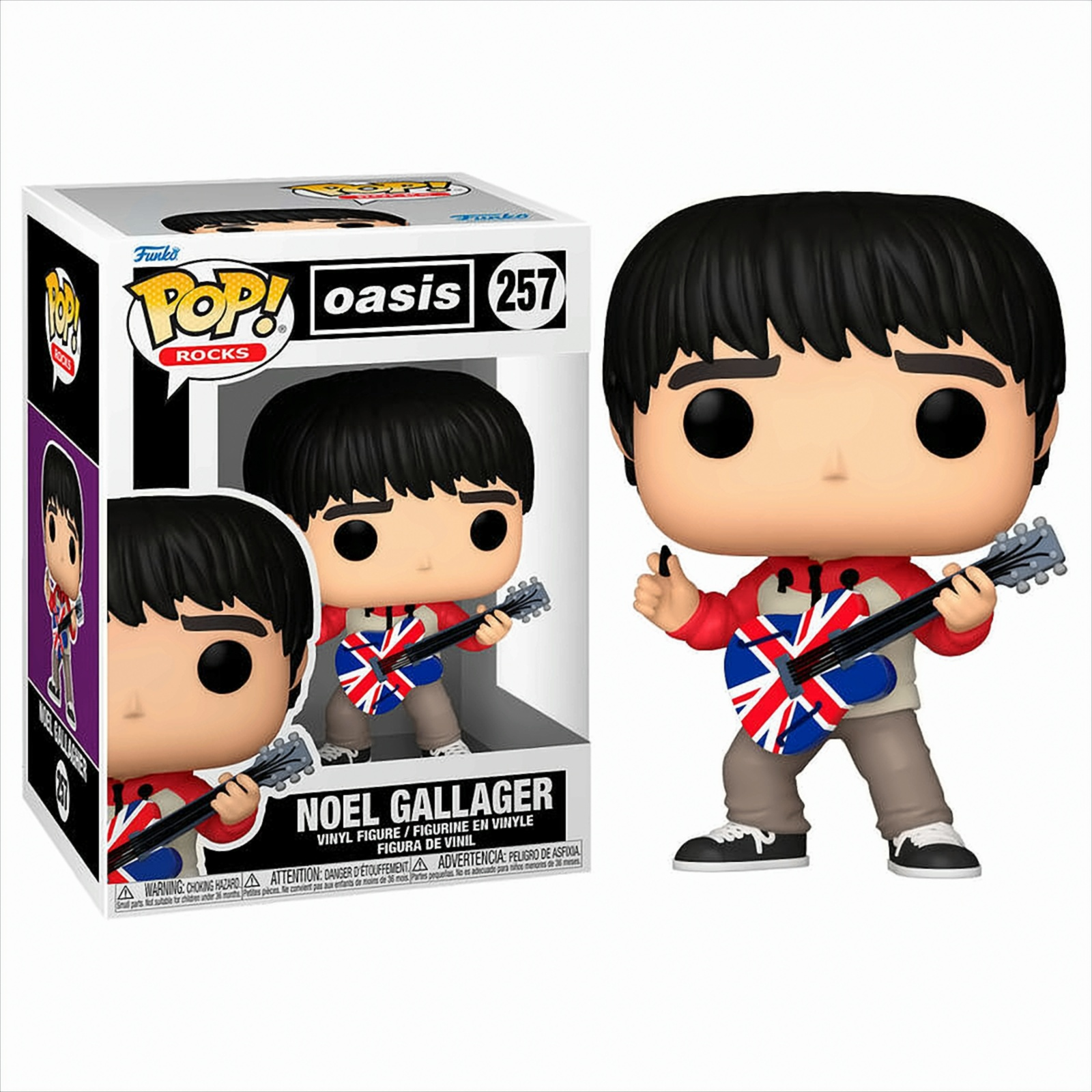 Figura Funko Pop di Noel Gallagher con chitarra. La scatola mostra la figura e il nome della band.