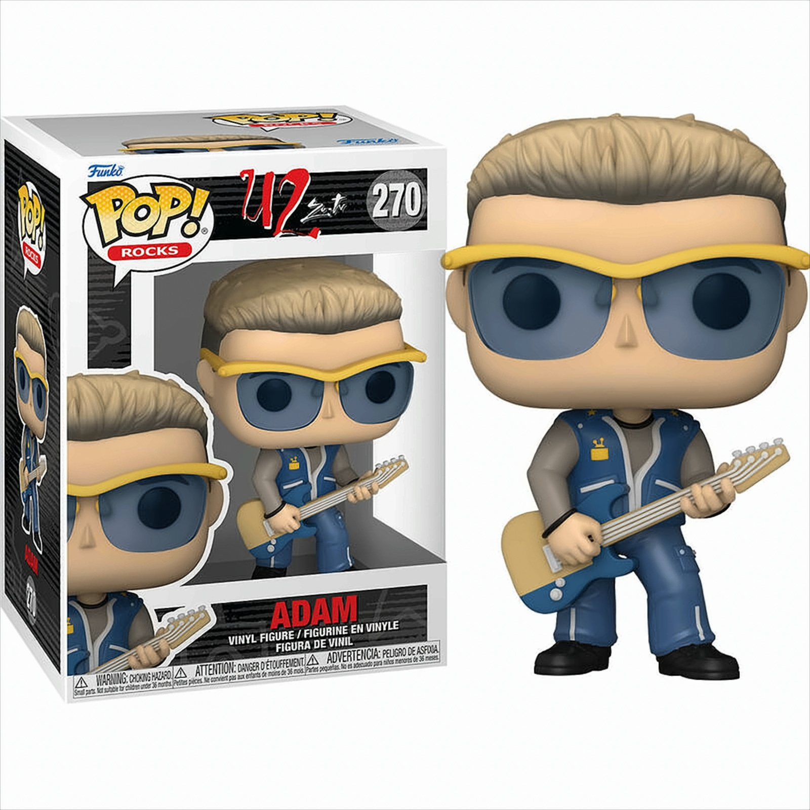 Eine Funko Pop-Figur von Adam Clayton von U2, der einen Bassgitarre hält, in einer Box.