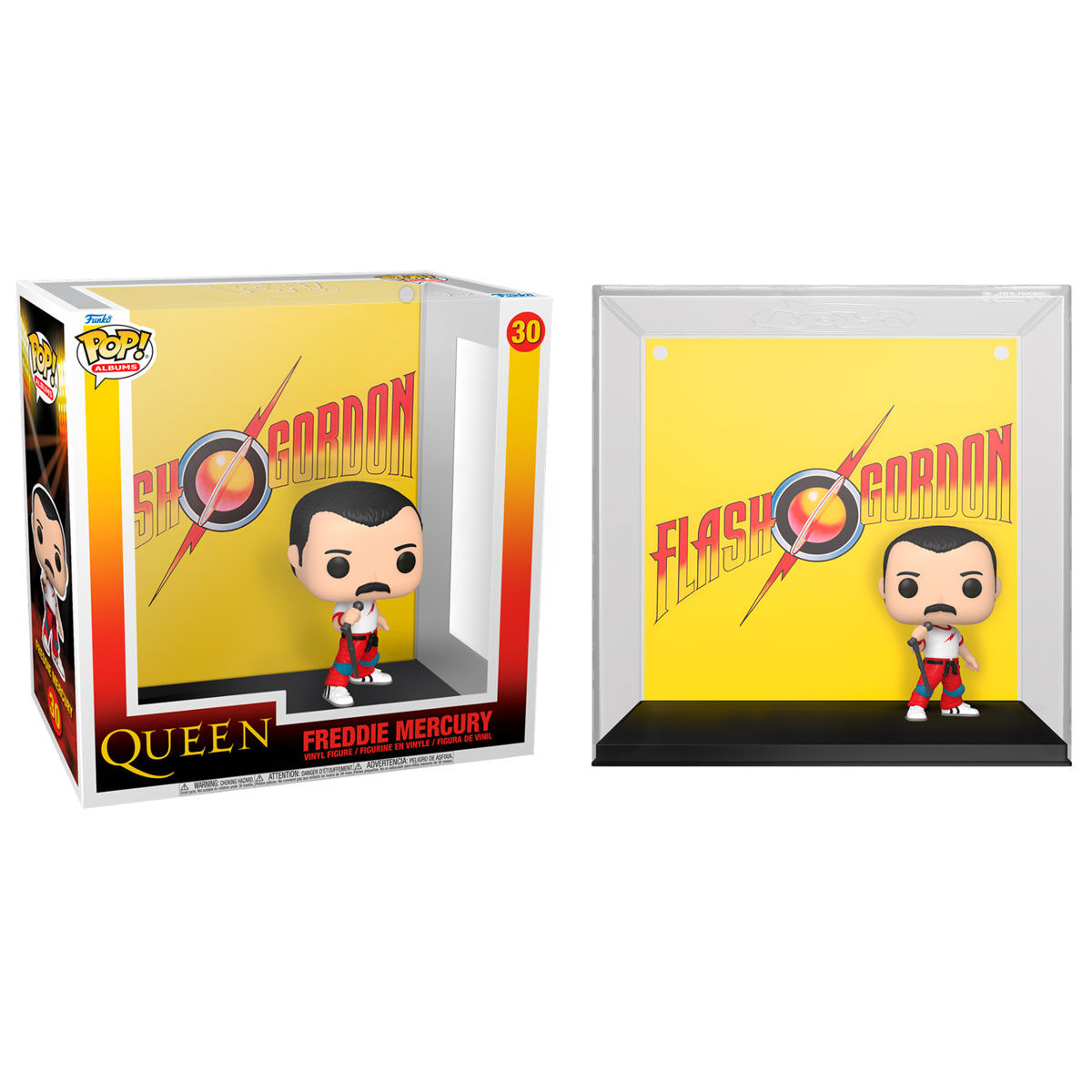 Twee beeldjes van Freddie Mercury in displayboxen. Eén in een doos, de andere in een doorzichtige hoes.