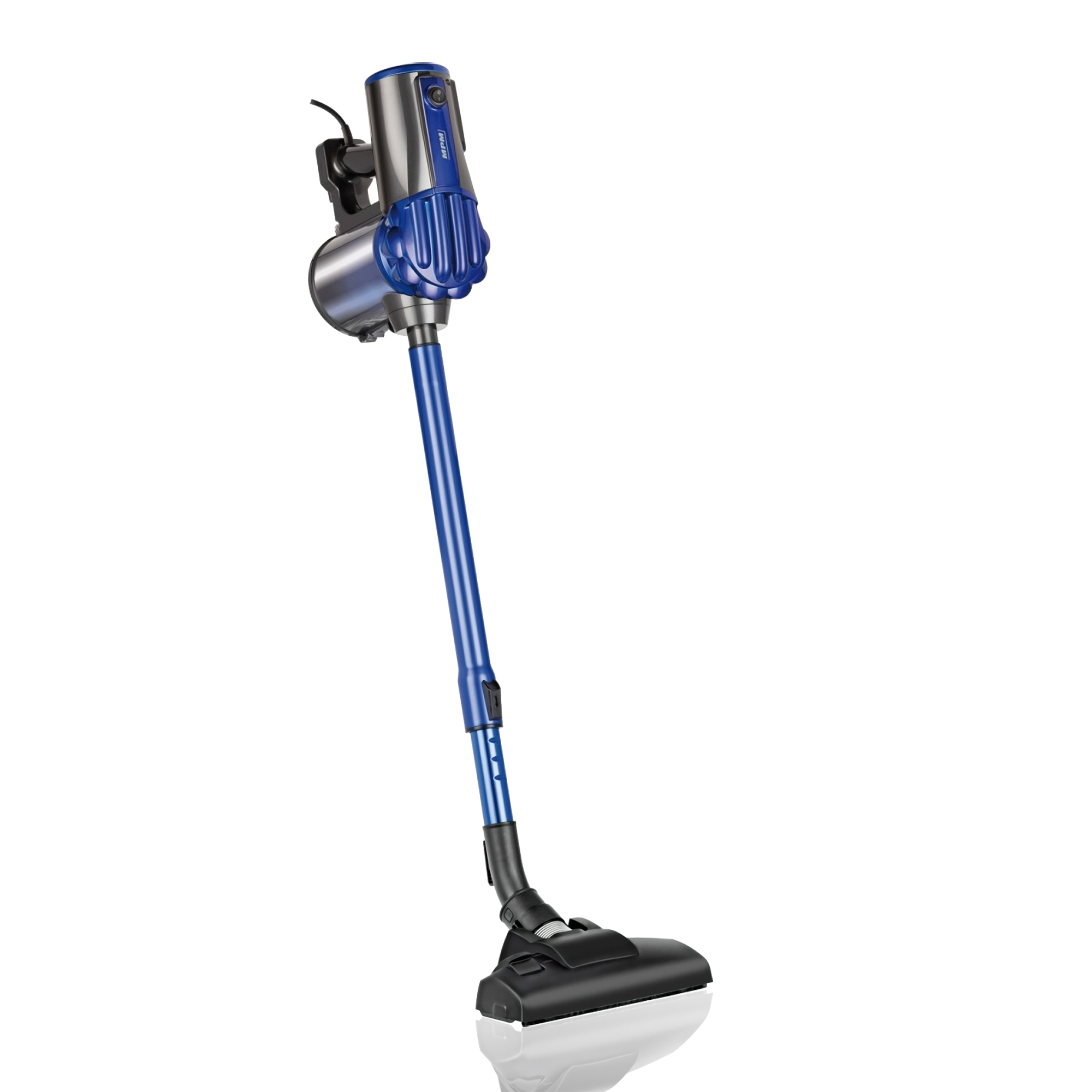 Ein blauer und grauer kabelloser Staubsauger auf weißem Hintergrund.