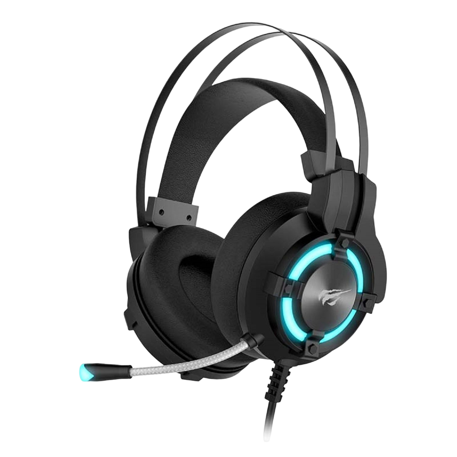 Czarne słuchawki dla graczy z niebieskimi światłami i mikrofonem, na czarnym tle.