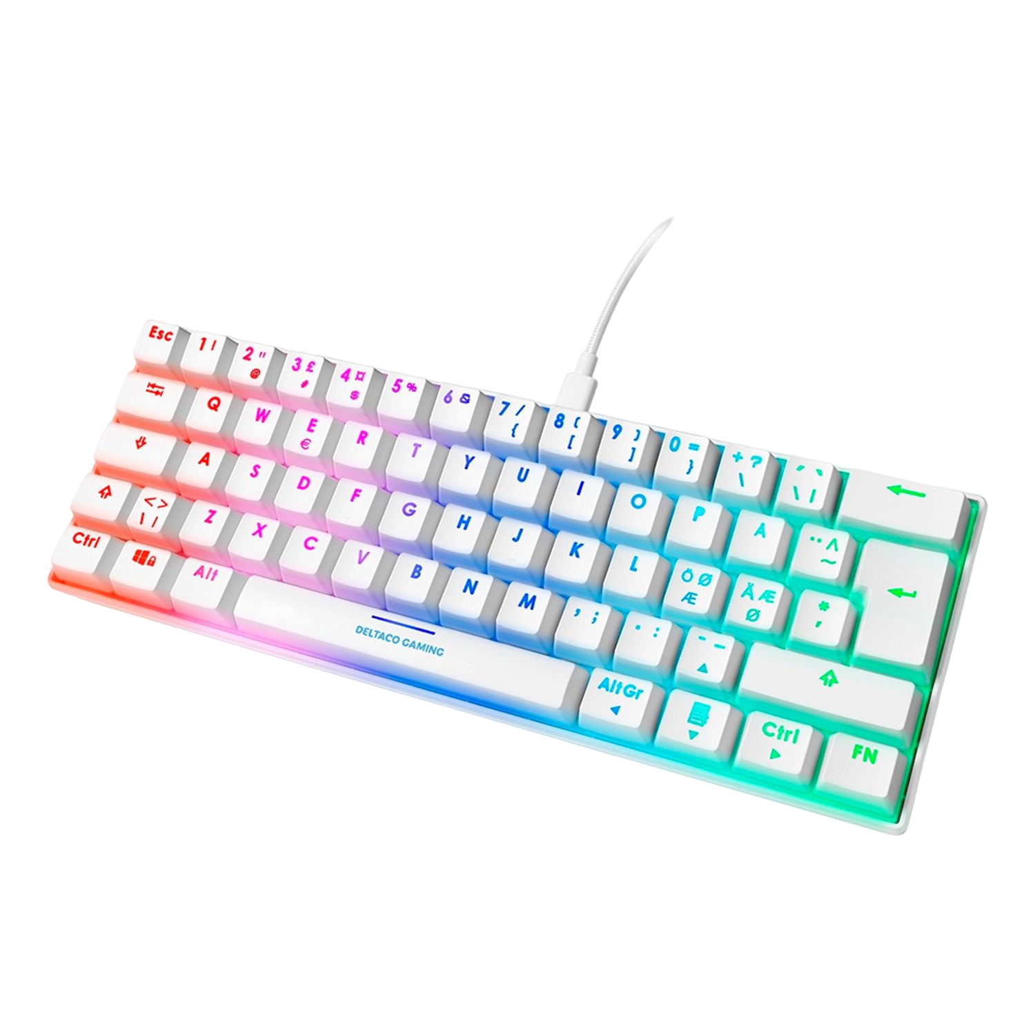 Biała klawiatura do gier z tęczowym podświetleniem, białe klawisze, czarny kabel.