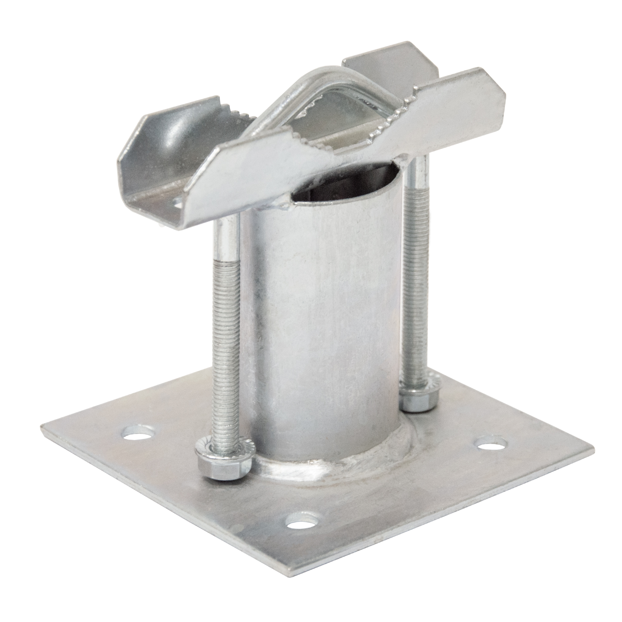 Eine Metallhalterung mit Schrauben und quadratischer Basis, ideal für die Montage auf einer ebenen Fläche.