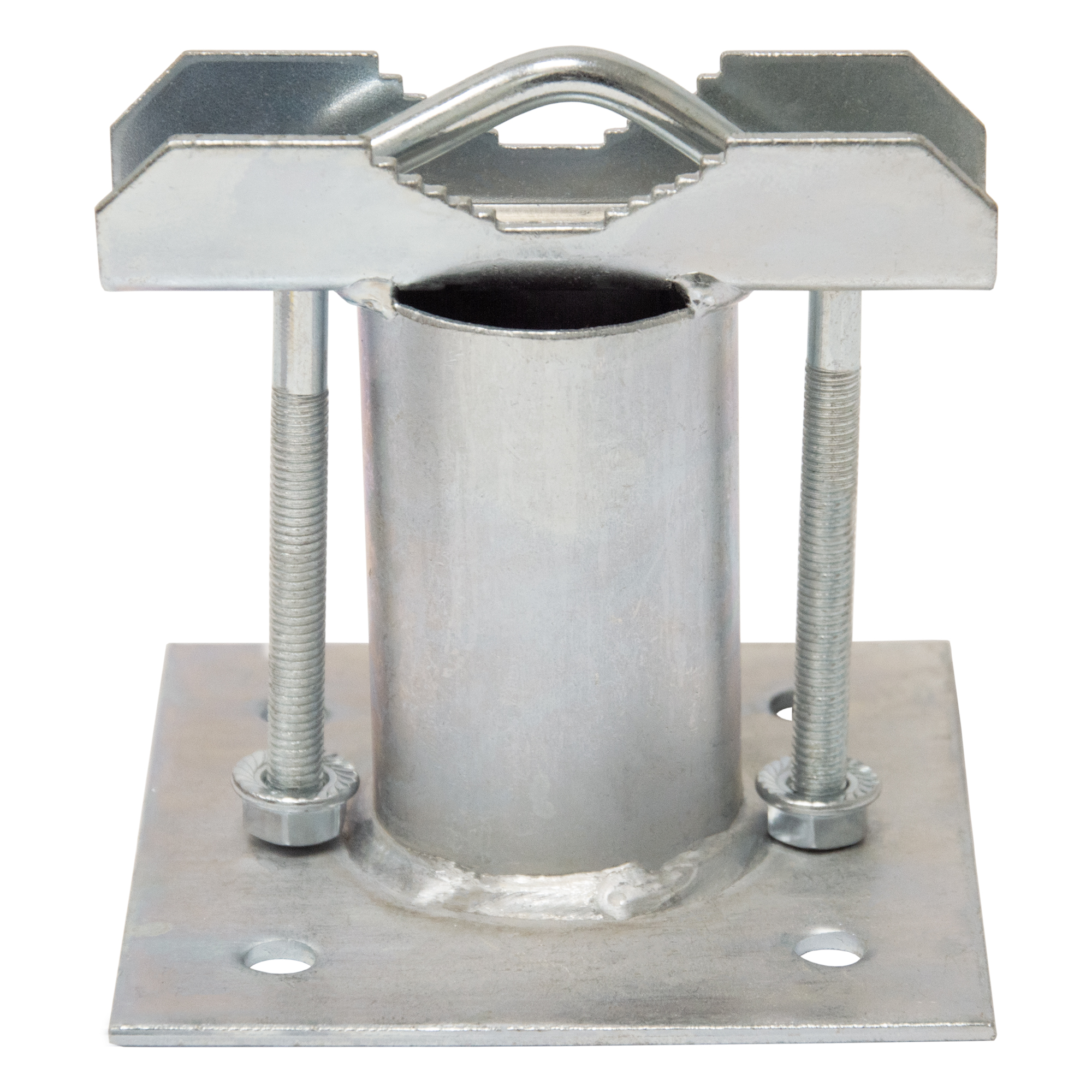 Eine Metallhalterung zur Montage, mit quadratischer Basis und U-förmigem Oberteil. Isoliert auf Weiß.