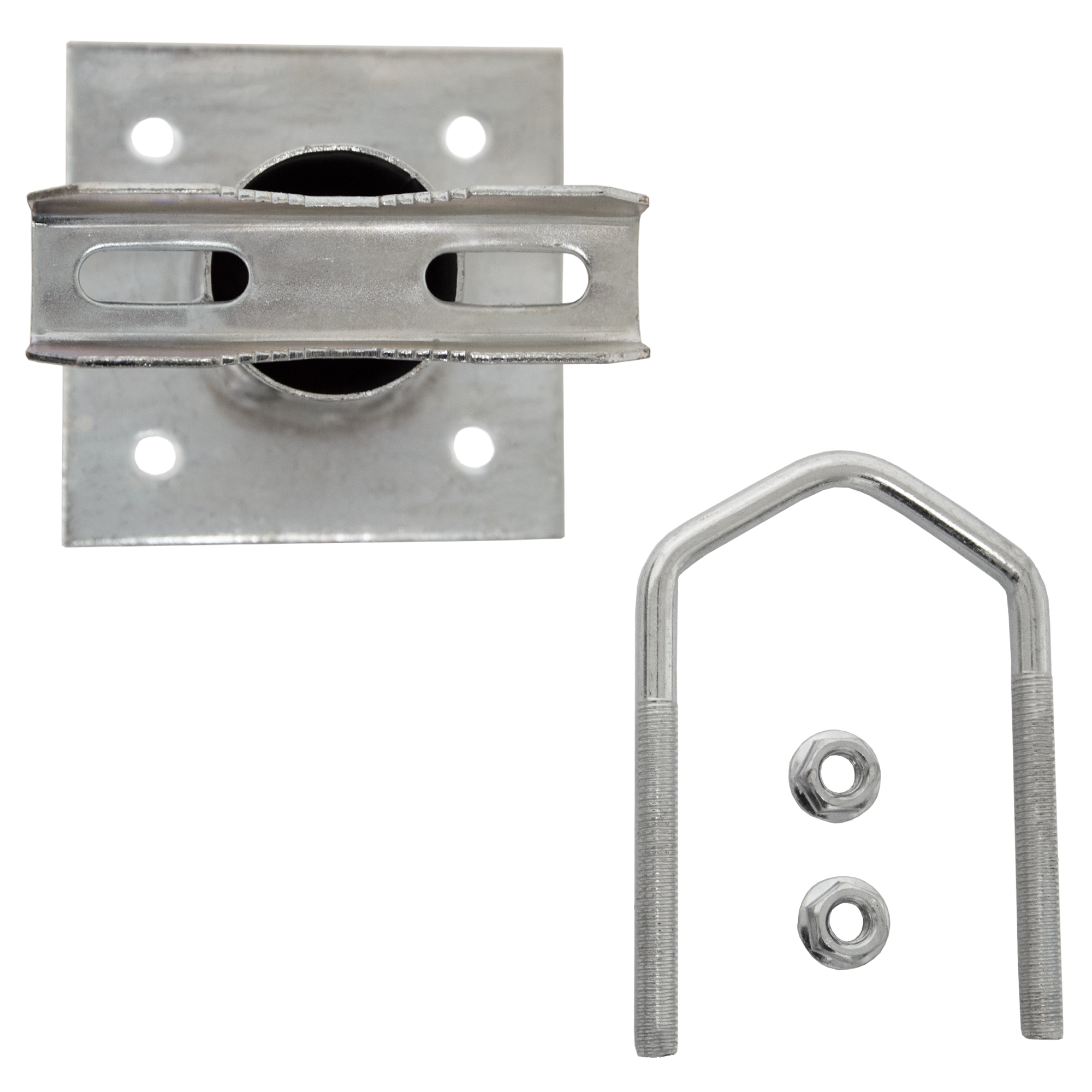 Metallhalterung und U-Bolzen-Hardware, isoliert auf weißem Hintergrund.