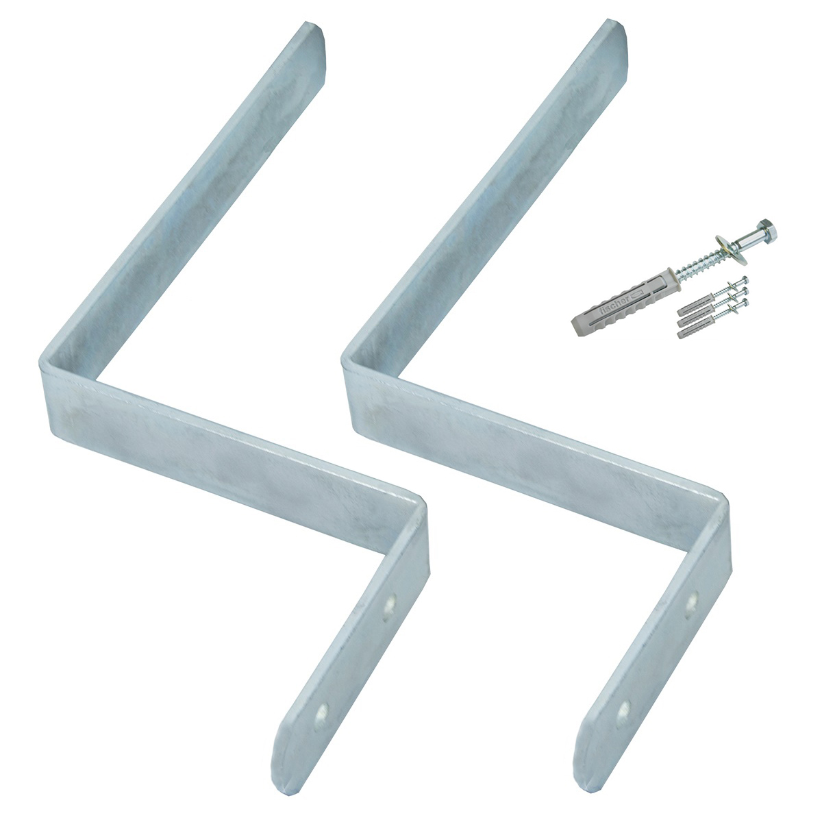 Zwei metallene, L-förmige Halterungen mit Schrauben und Dübeln. Sie sind silberfarben und haben ein stabiles Design.