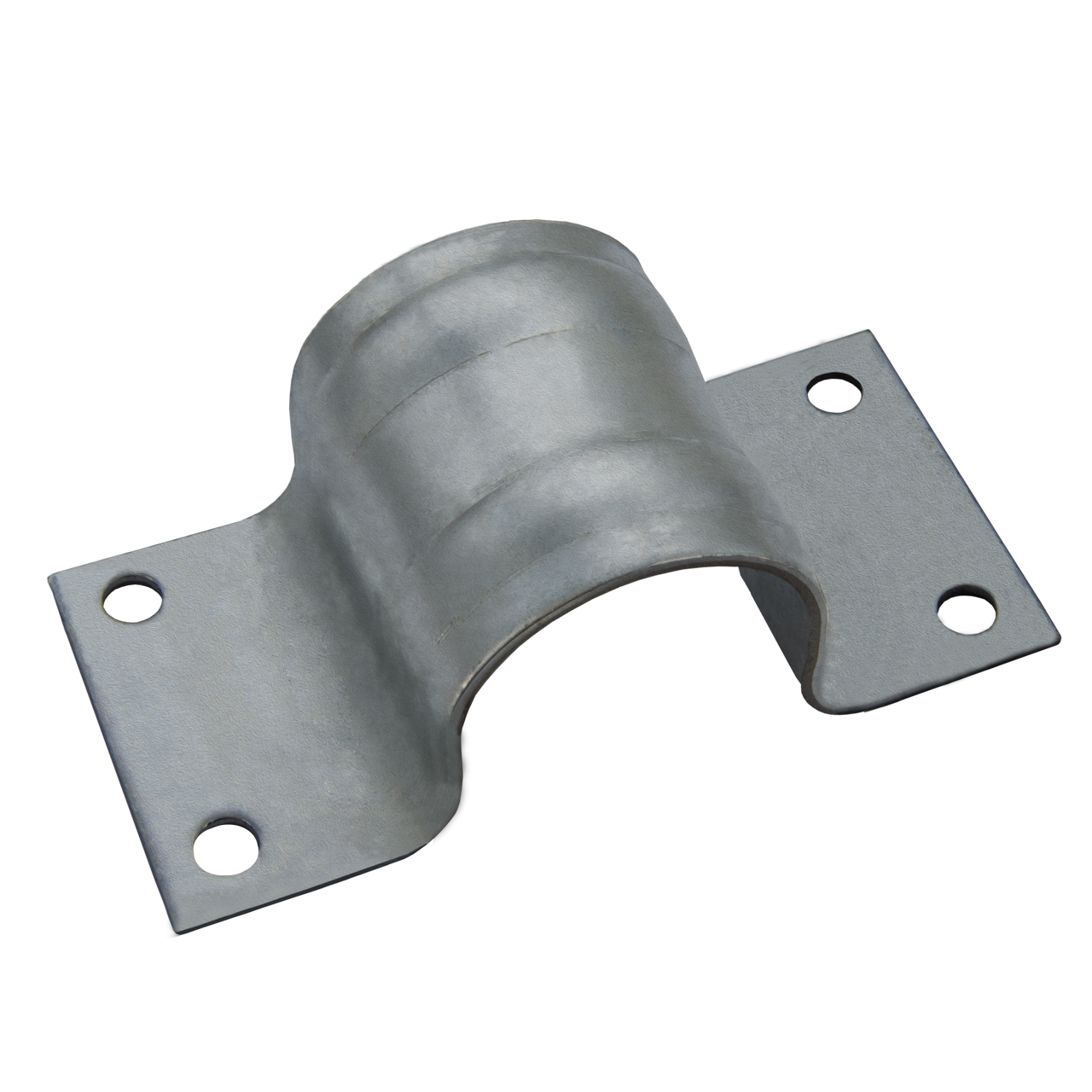 Graue Metallhalterung, mit gebogenem Abschnitt und zwei flachen Seiten mit Löchern.