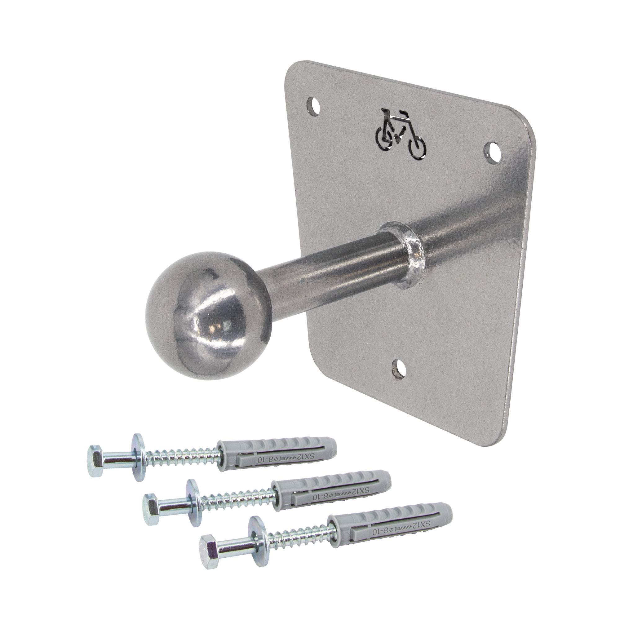 Ein Fahrradträger aus Metall mit Schrauben. Weißer Hintergrund.
