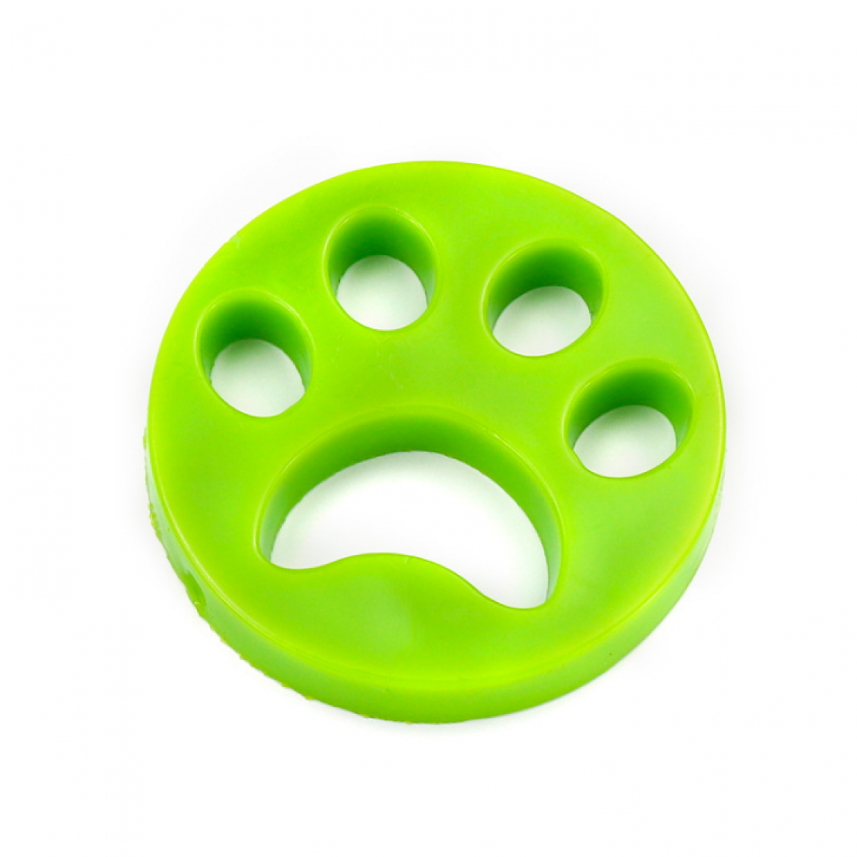 Quitapelos verde para mascotas con huella de pata. Fondo blanco.