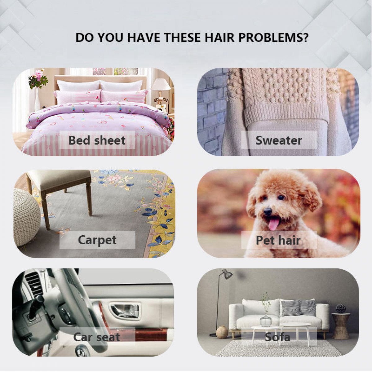 Collage von Haarproblembereichen: Bettlaken, Pullover, Teppich, Tierhaare, Autositz und Sofa.