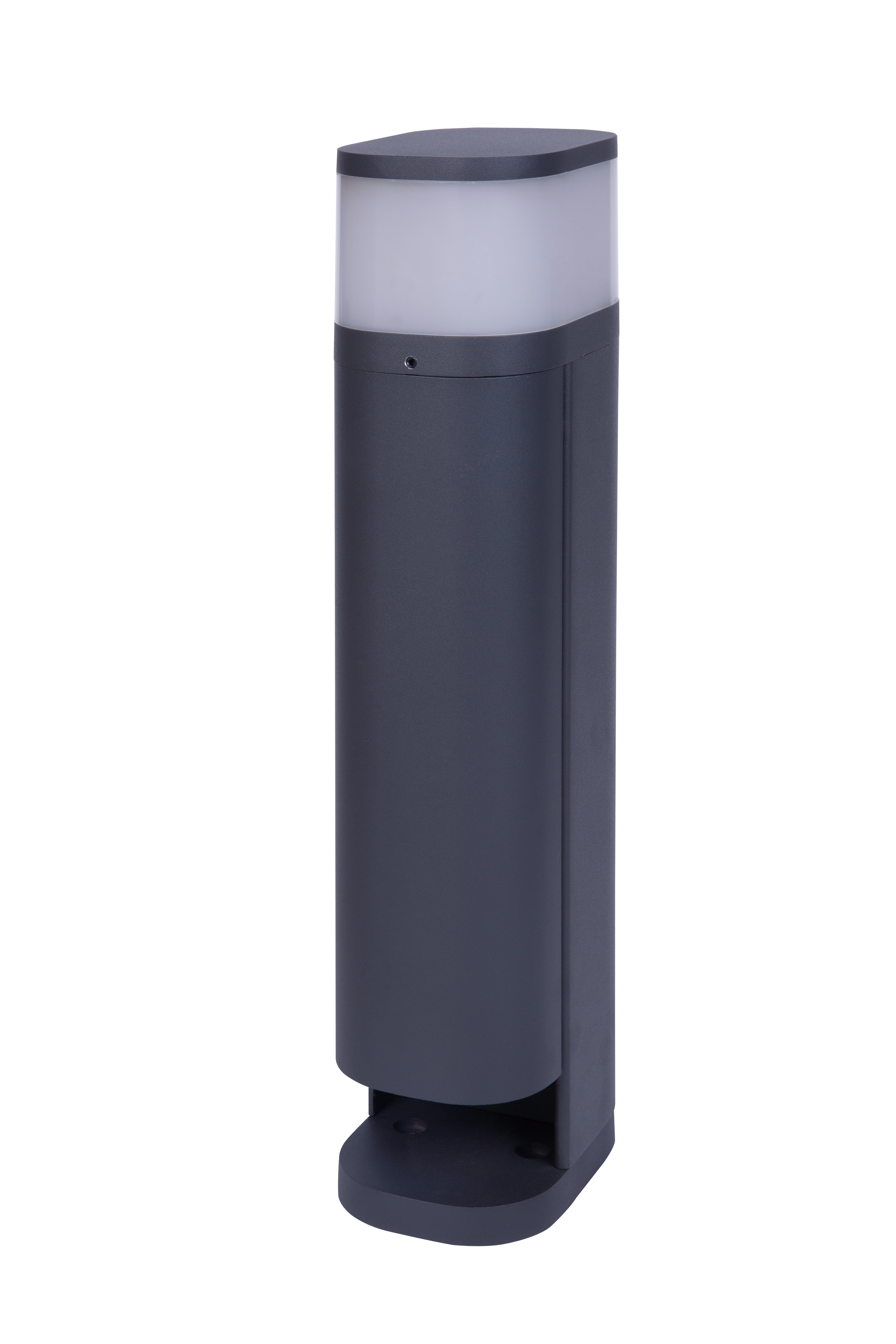 Graue zylindrische Außenlampe mit weißem Lichtdiffusor, isoliert auf Weiß.