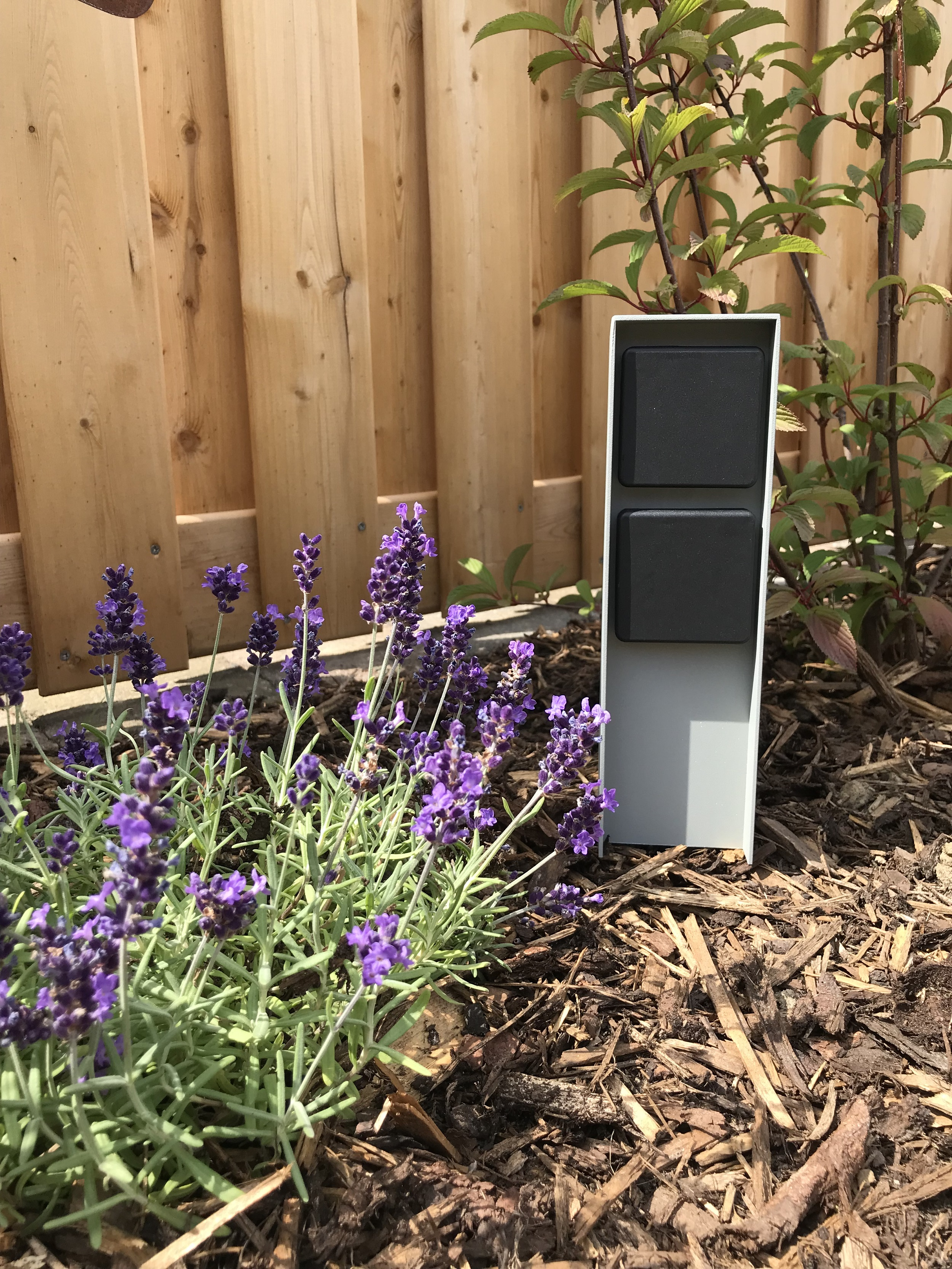 Außensteckdose mit zwei schwarzen Steckdosen. In weißem Pfosten im Garten mit Blumen.