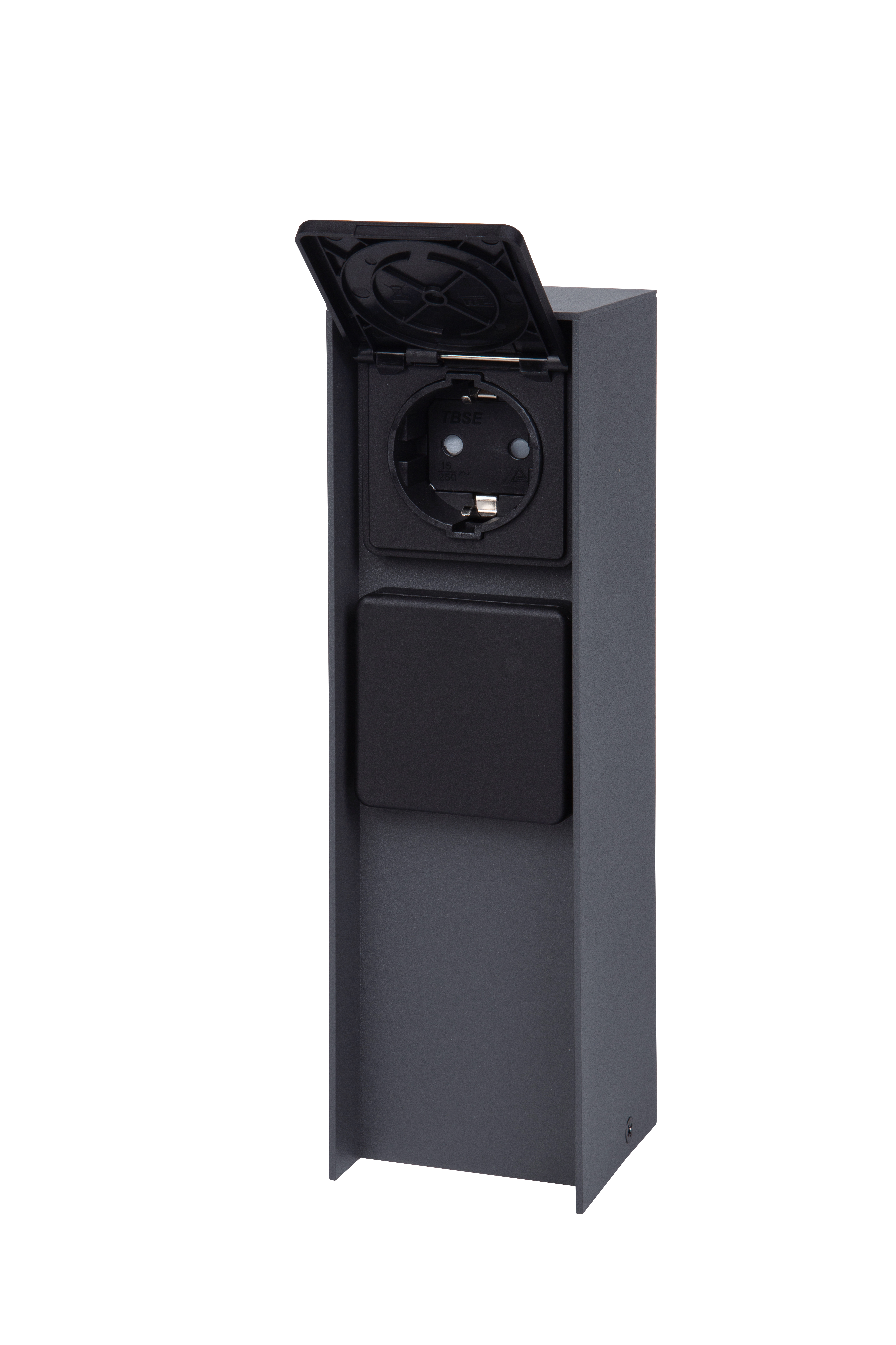 Graue Außensteckdose. Verfügt über eine abgedeckte Steckdose und ein unteres Fach.