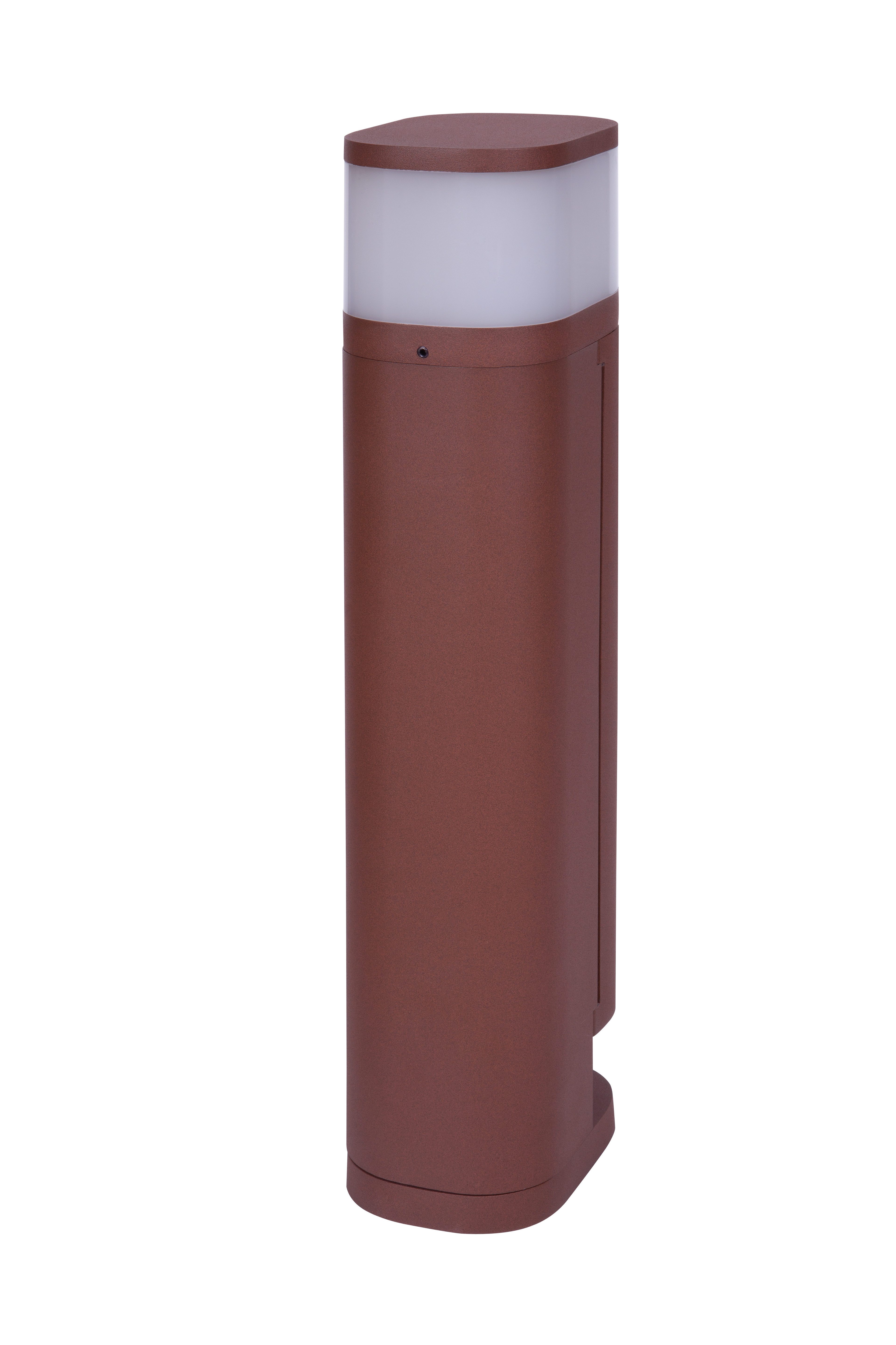 Palo lampada da esterno marrone con parte superiore bianca e design rettangolare.