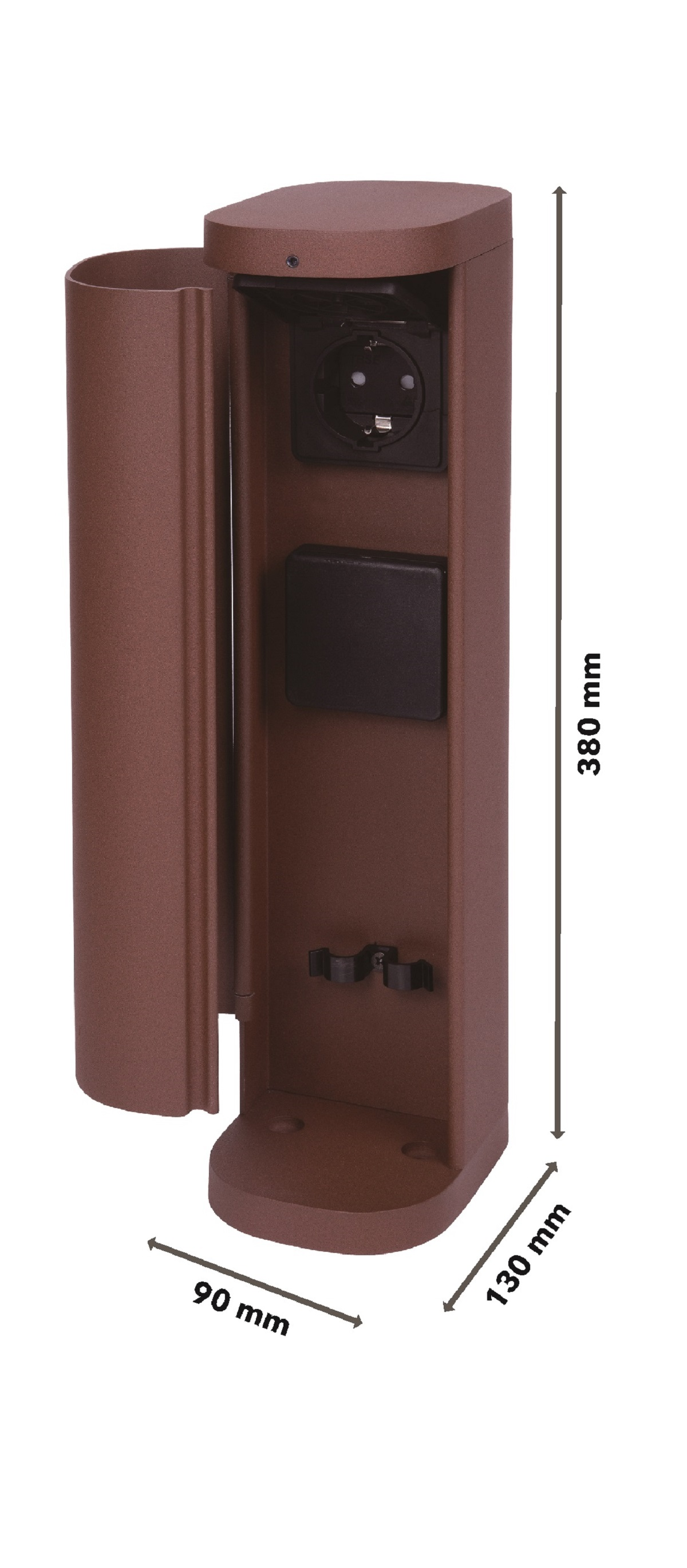 Una presa di corrente esterna marrone. Ha dimensioni 90x130x380 mm.