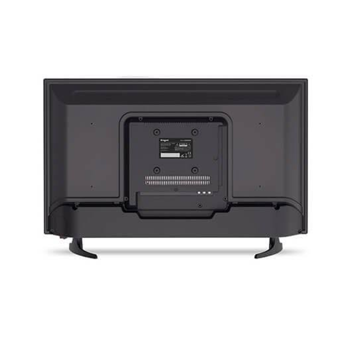 Parte trasera de un televisor negro con dos pies. Tiene varios puertos y conectores.