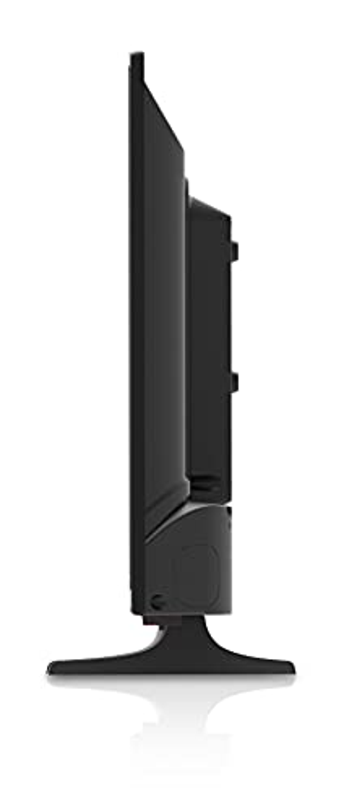 Un televisor negro está de pie sobre un fondo blanco.