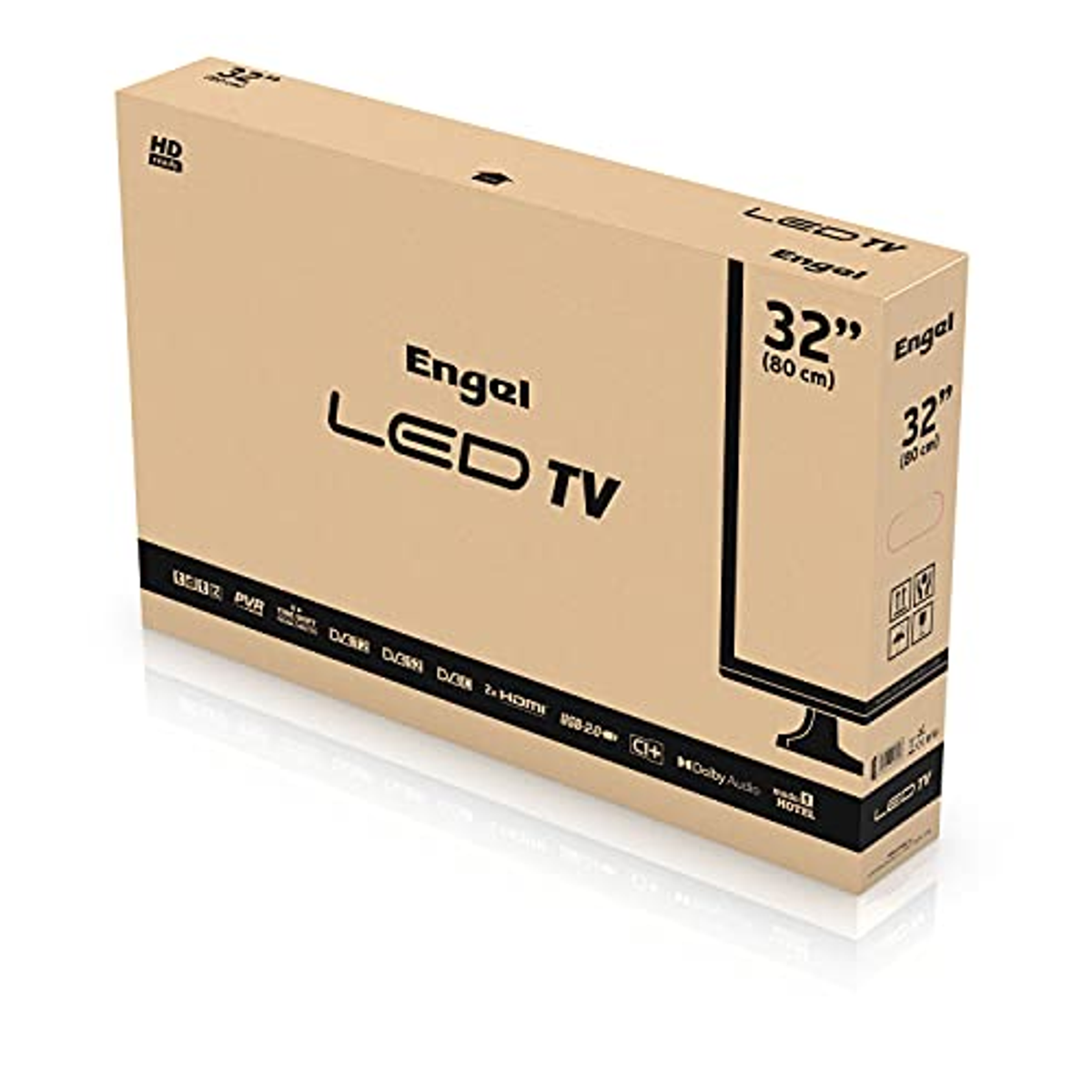 Un televisor LED Engel de 32 pulgadas en caja, con la caja inclinada hacia la cámara.
