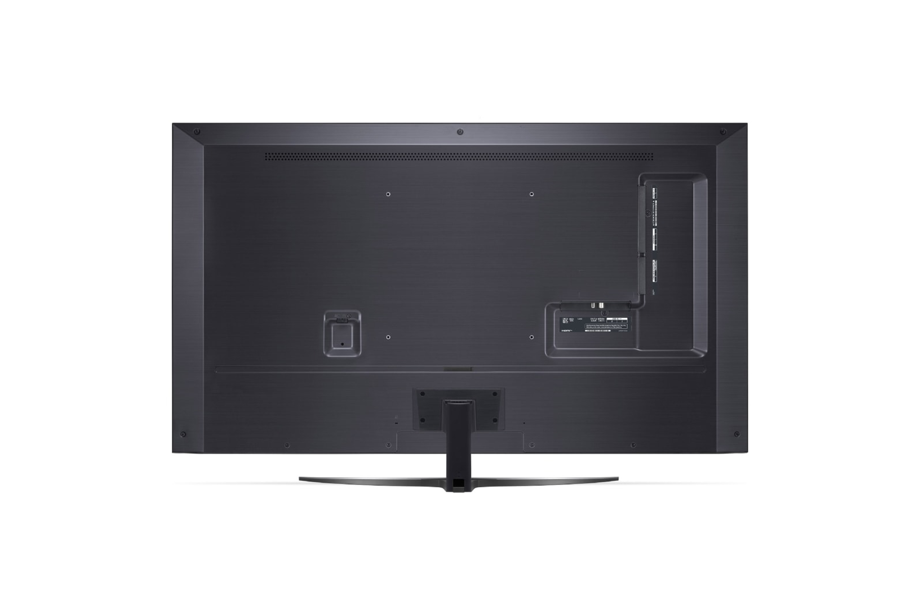 Tył dużego telewizora z płaskim ekranem z portami i podstawą, na białym tle.