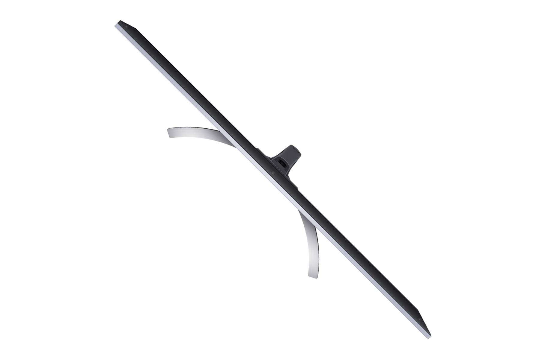 Zakrzywiony monitor z boku, ze srebrną podstawą, na białym tle.