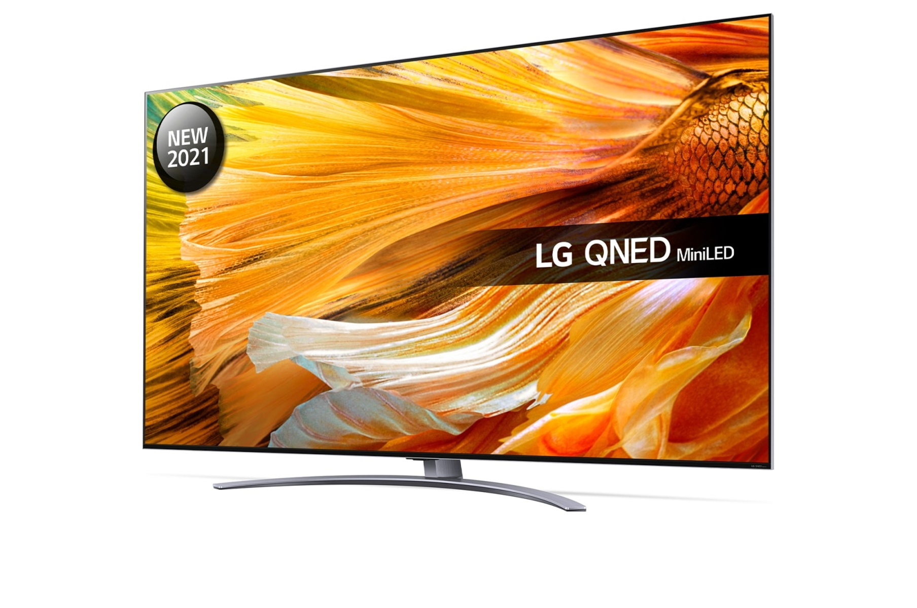 Un televisor LG QNED MiniLED, vista en ángulo, con la pantalla mostrando una imagen abstracta colorida.