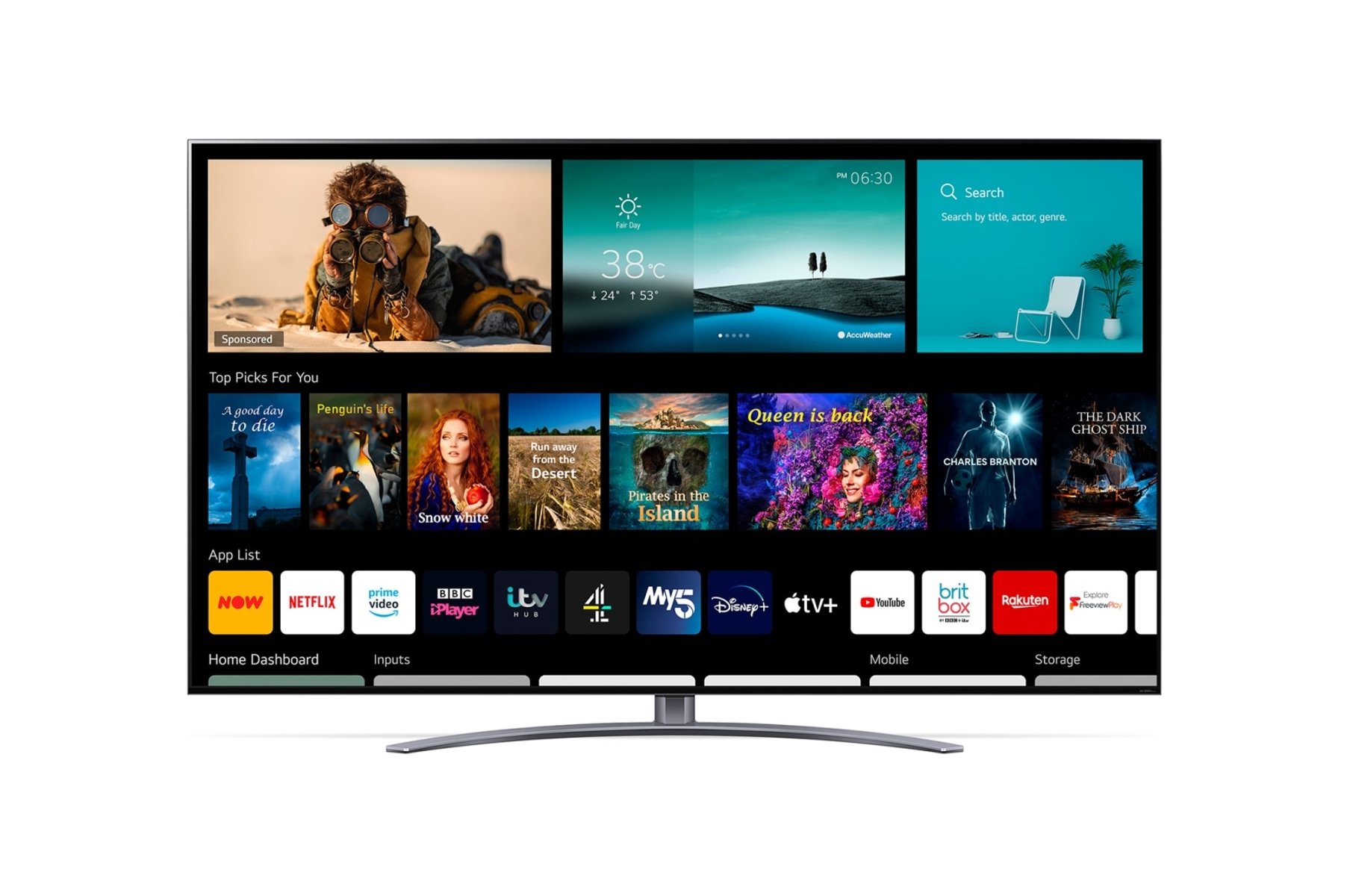 Una pantalla de TV que muestra varios servicios de transmisión y aplicaciones.