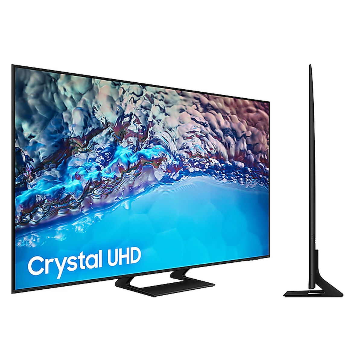 Un televisor moderno sobre un soporte, que muestra una imagen azul. Se muestra la vista lateral.