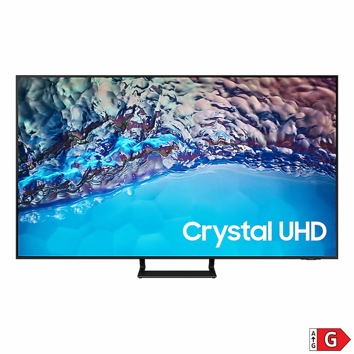 Un televisor con las palabras "Crystal UHD" en la pantalla. La clasificación energética es G.