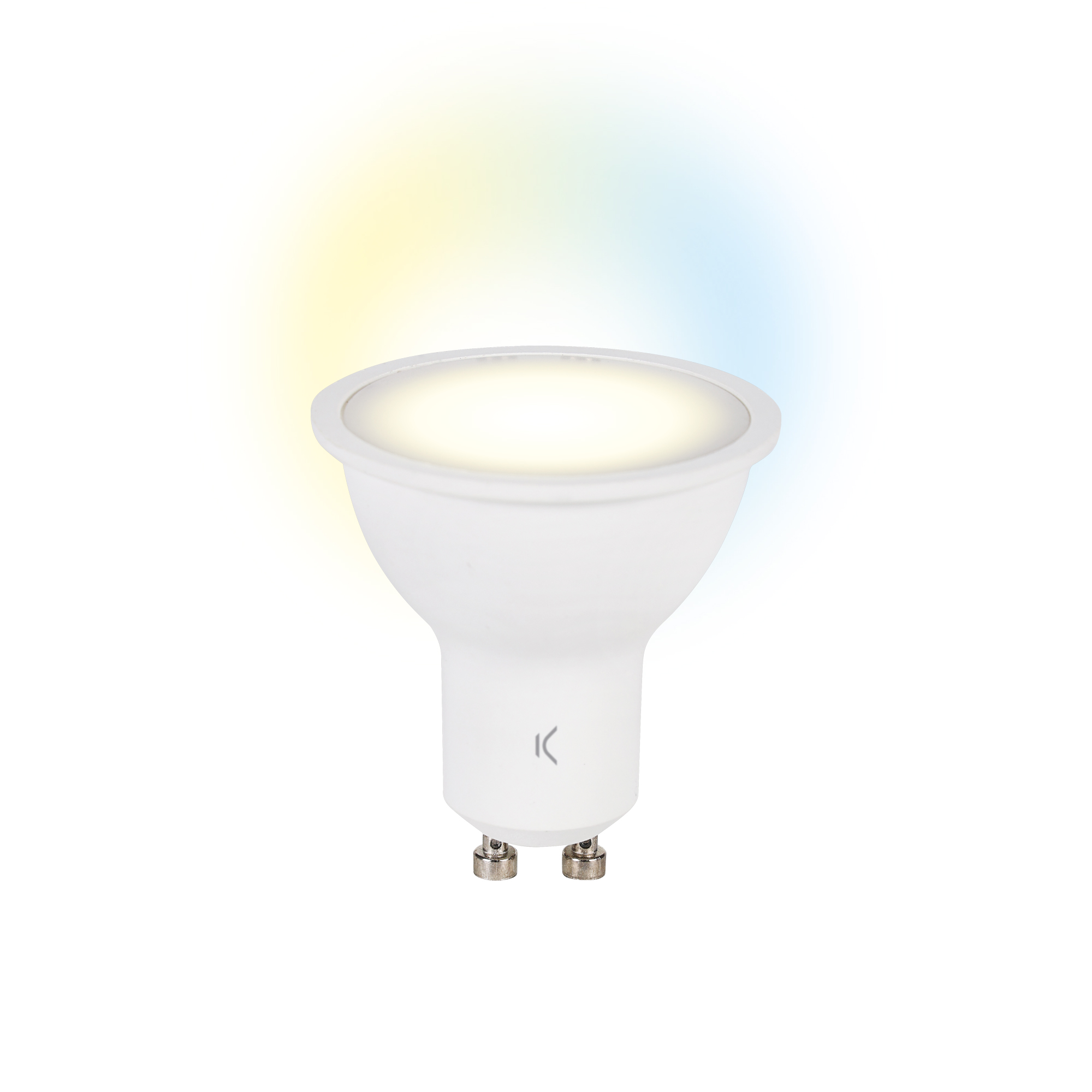 Lampadina LED bianca con base bianca. Ha un effetto luce focalizzato.