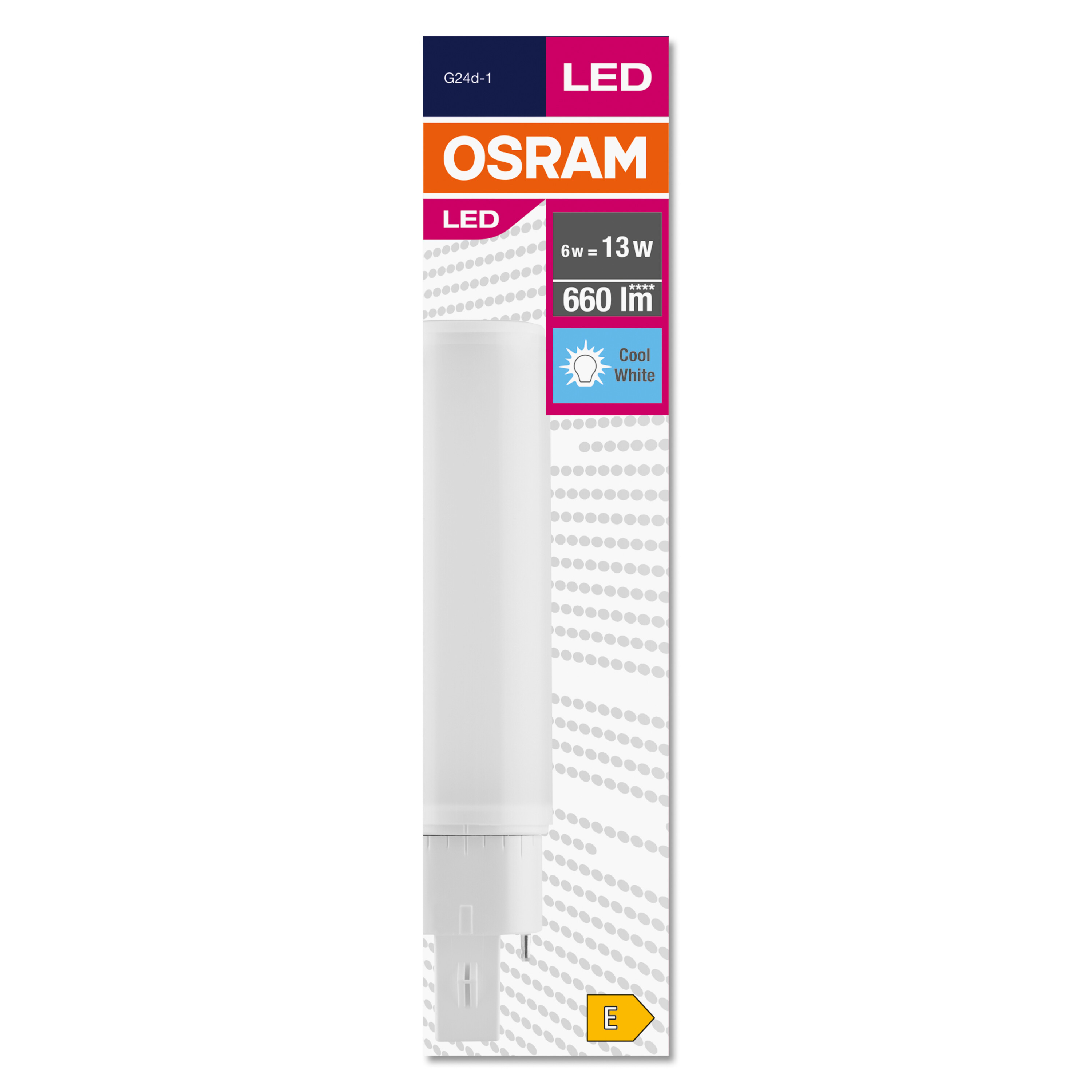Una luce a tubo LED bianca in una confezione. Testo: OSRAM, LED, 6W=13W, 660lm, Bianco freddo. Imballaggio bianco e grigio.