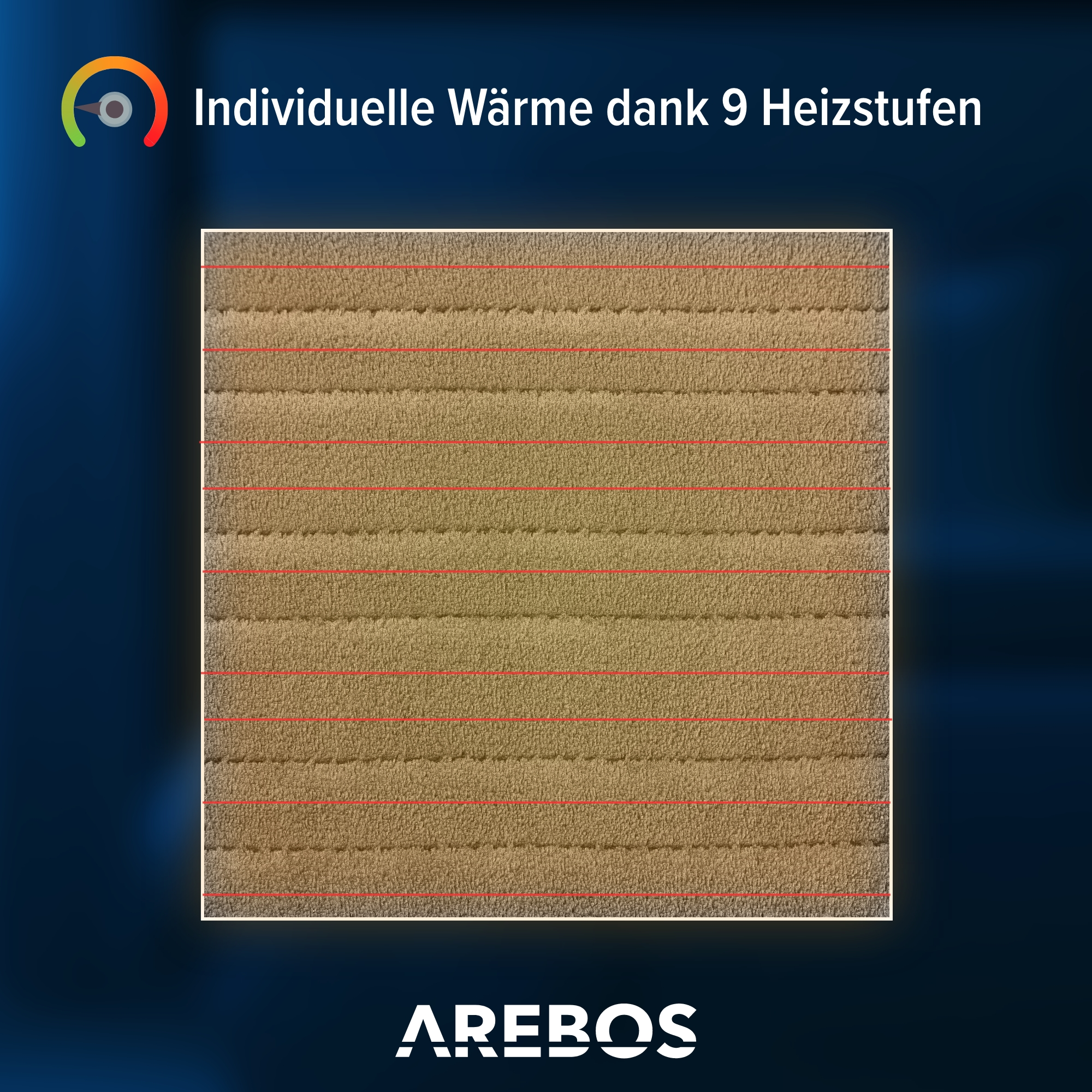 Nahaufnahme eines Heizpaneels mit roten Linien, mit deutschem Text über Heizstufen.