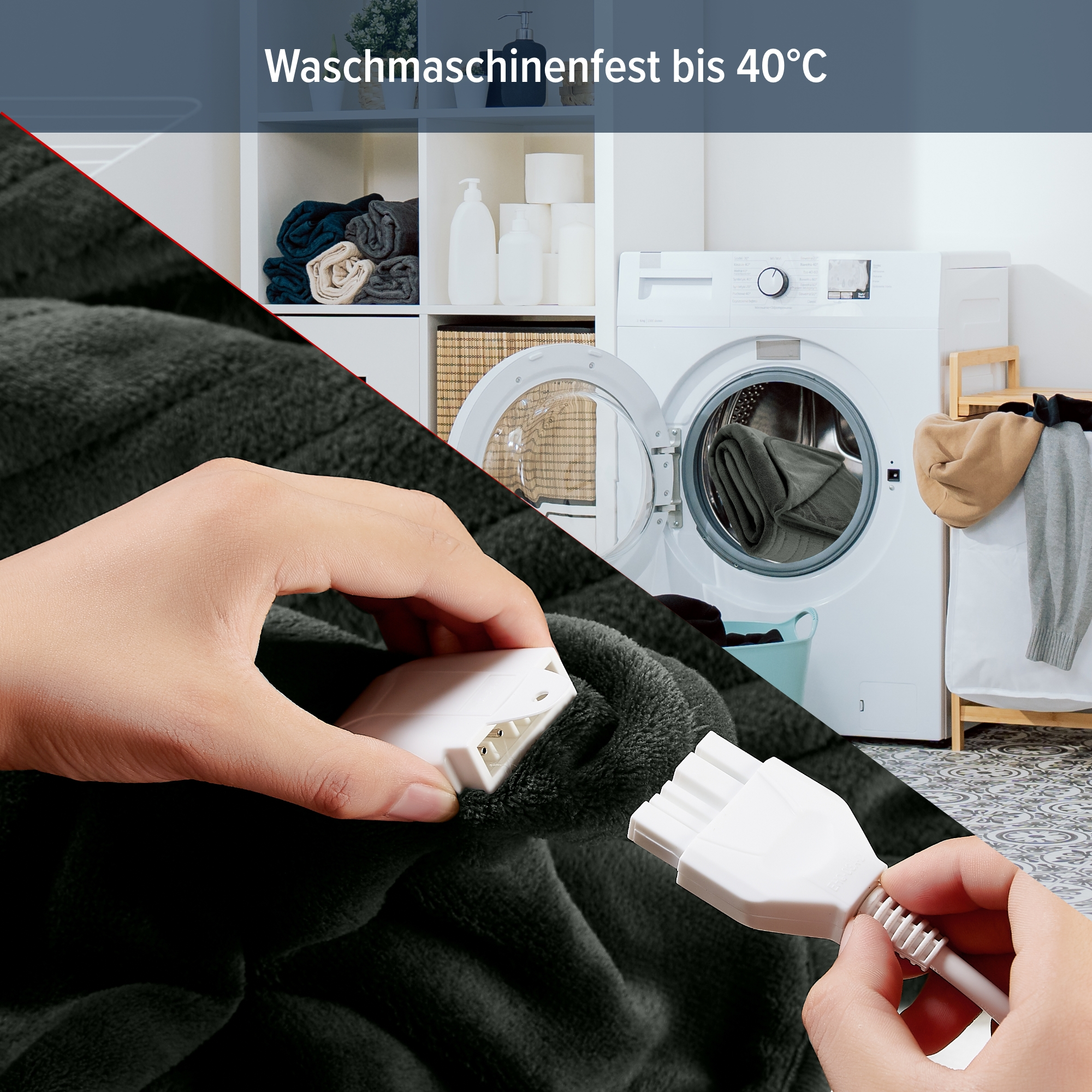 Waschmaschine und Person, die eine Heizdecke anschließt.