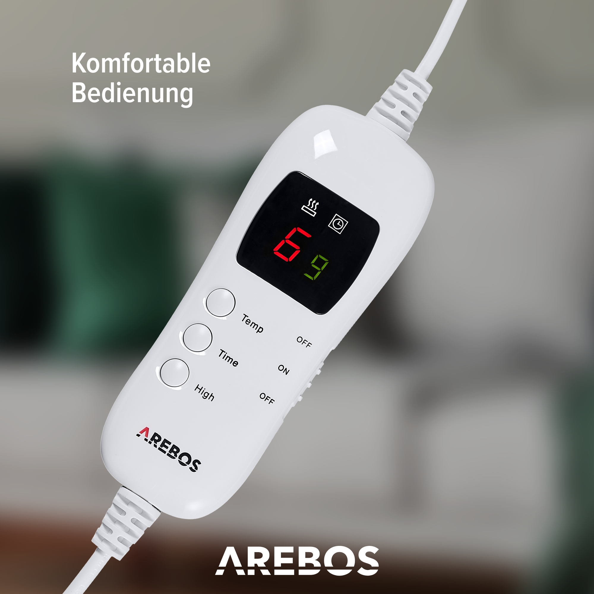 Weißer Heizkissen-Controller mit digitaler Anzeige der Temperatur. Text lautet AREBOS.