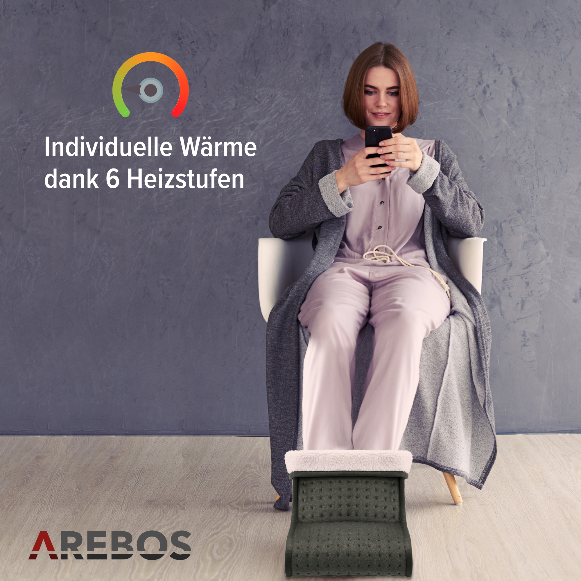 AREBOS waschbarer inkl. | mit 6 - Anthrazit Innenfutter | Fernbedienung LED Elektrischer Fußwärmer Temperaturstufen