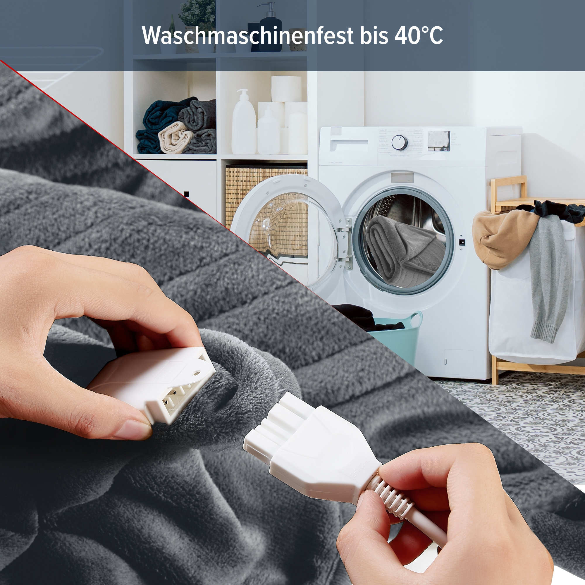 Hände verbinden eine graue Decke mit einem weißen Netzkabel, Waschmaschine im Hintergrund.