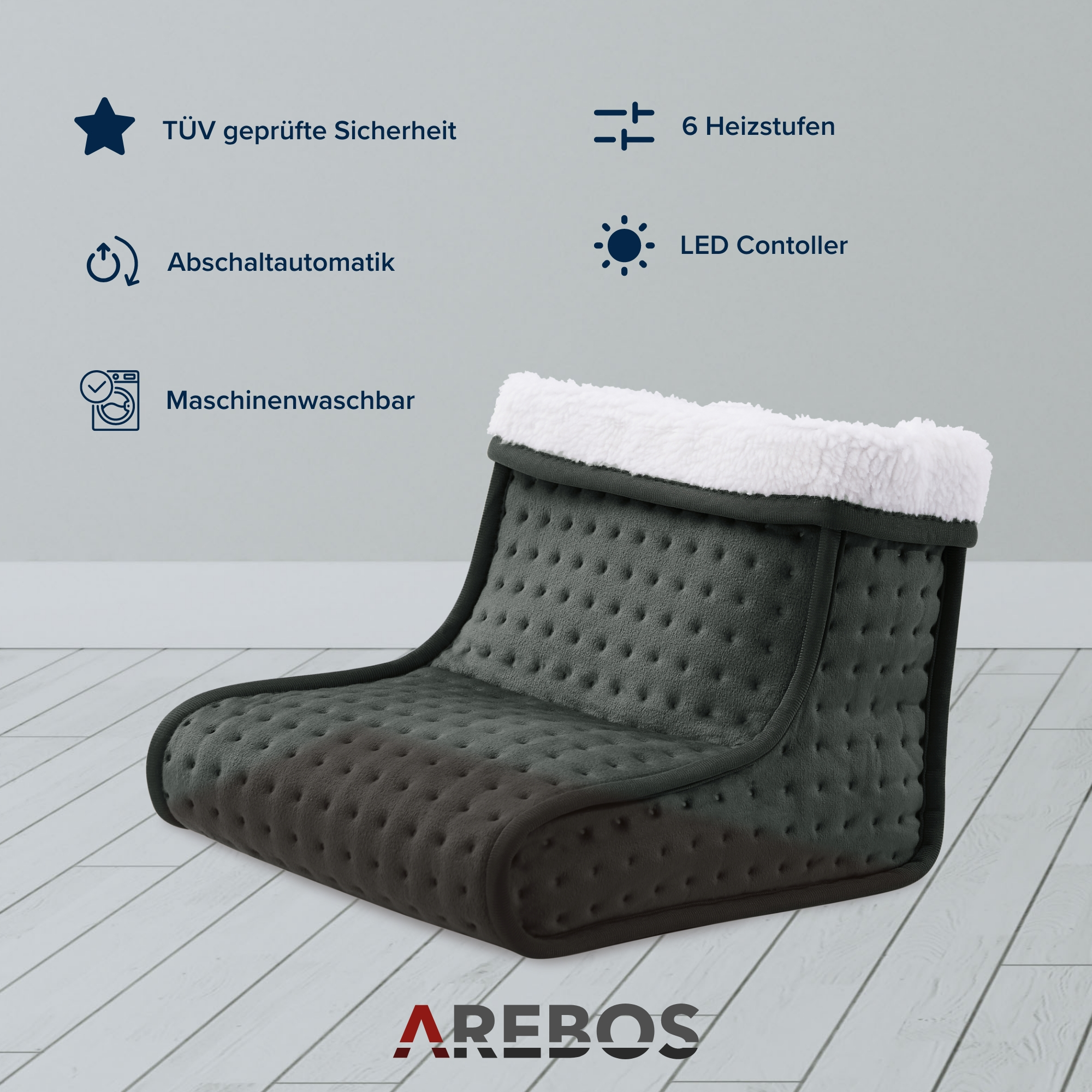 AREBOS mit 6 Temperaturstufen | Innenfutter LED | Fußwärmer inkl. waschbarer Anthrazit Elektrischer Fernbedienung 