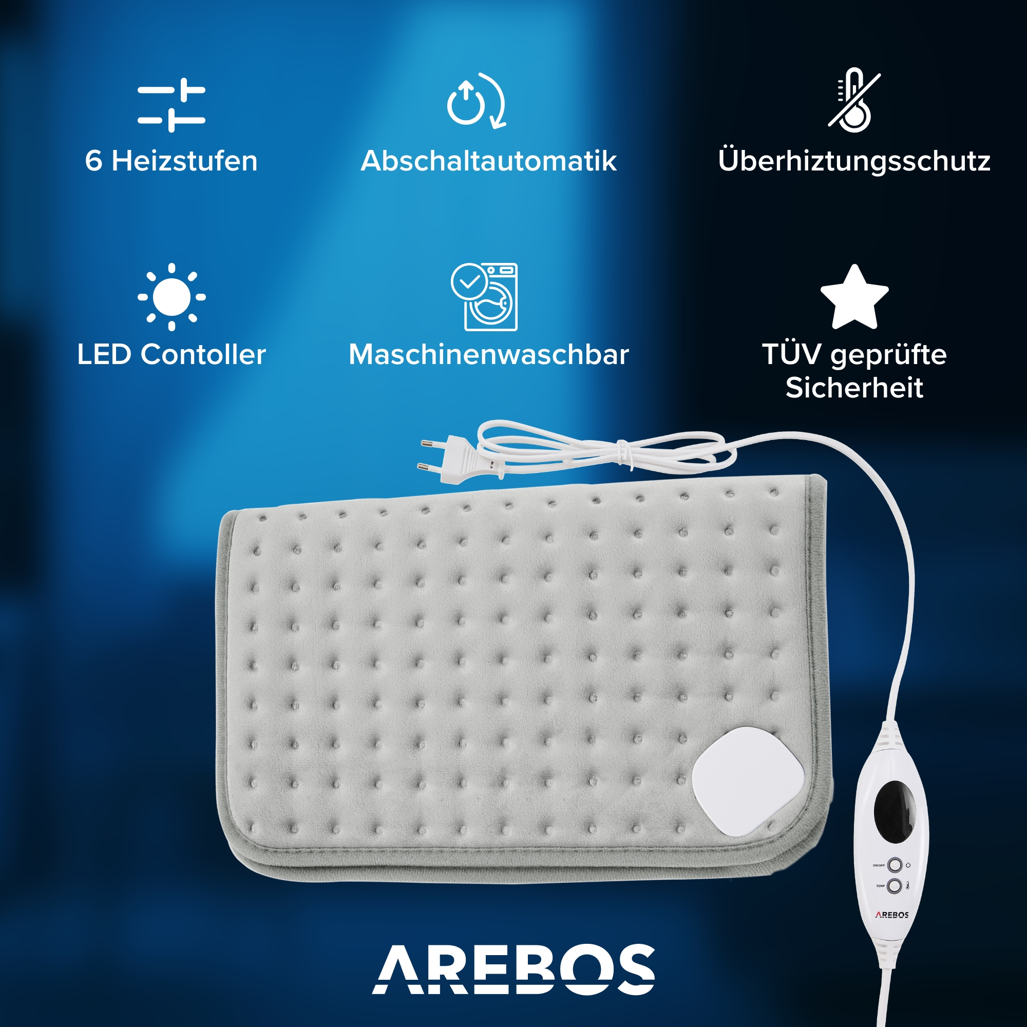 AREBOS Abschaltautomatik & Überhitzungsschutz | inkl. LED - Fernbedienung Heizkissen