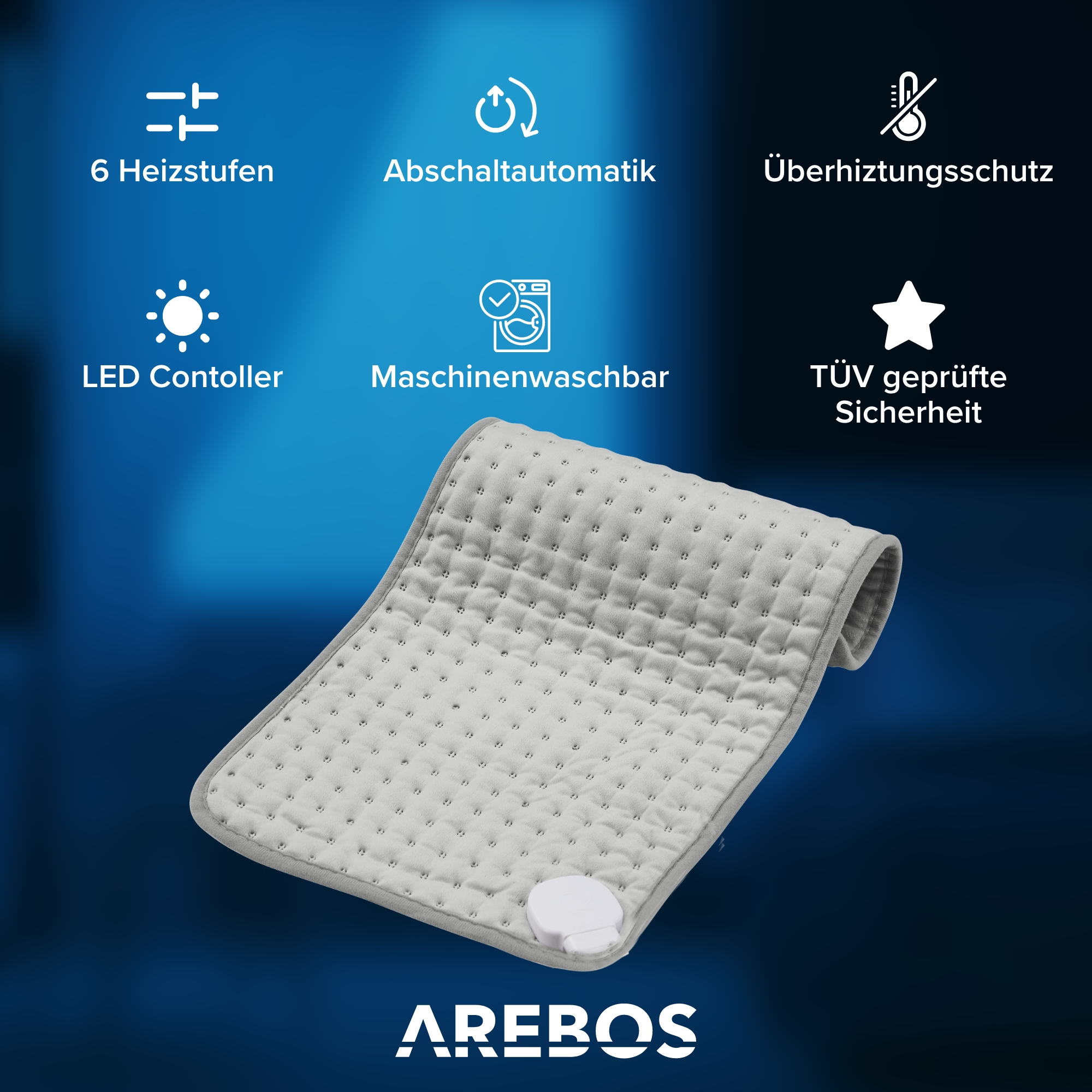 Abschaltautomatik inkl. Heizkissen Überhitzungsschutz & AREBOS - | Fernbedienung LED