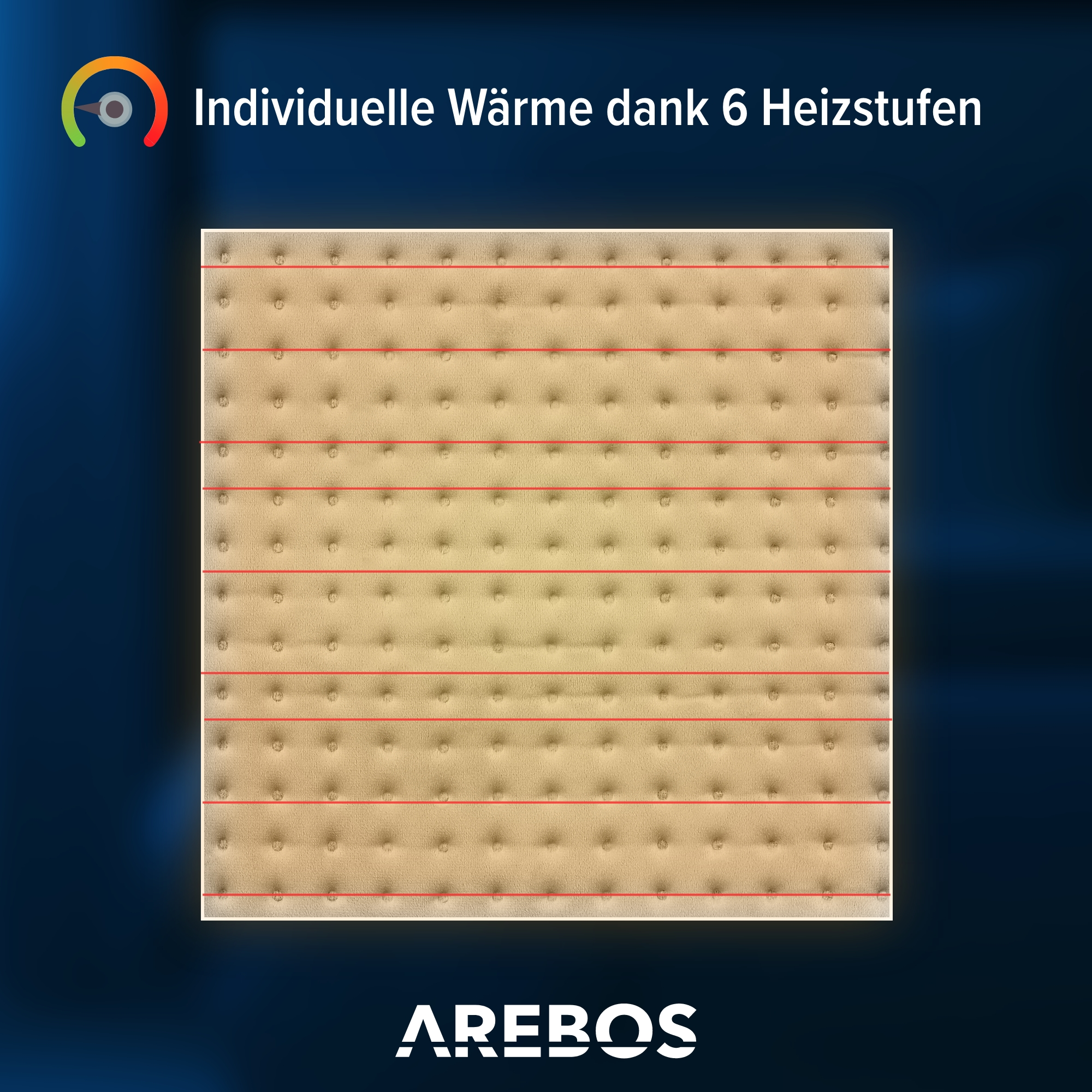 Beigefarbenes Heizkissen mit roten Heizlinien, schwarzer Hintergrund, AREBOS Logo.