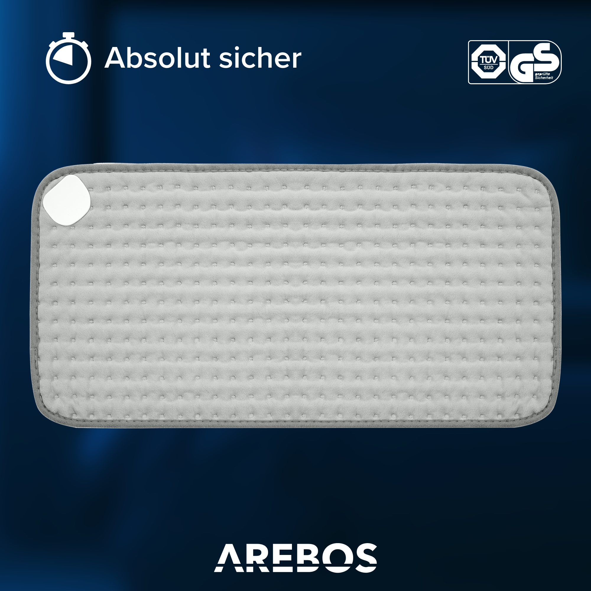 Graues Heizkissen mit weißem Bedienknopf und dem AREBOS-Logo.
