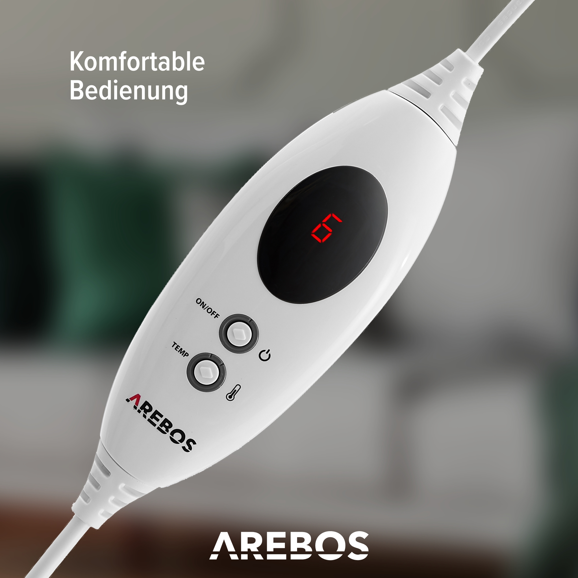 Weißes Bedienfeld mit AREBOS-Branding. Es zeigt eine EIN/AUS-Taste, eine TEMP-Taste und die Zahl 6.