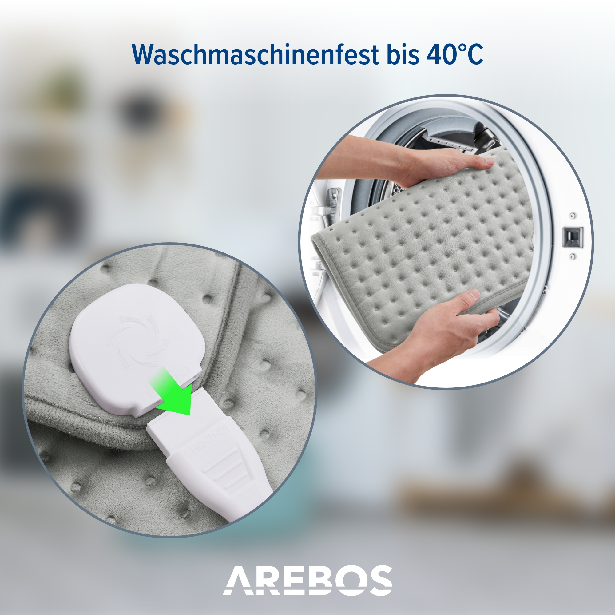 Hände legen ein graues Heizkissen in eine Waschmaschine. Text: Waschmaschinenfest bis 40°C.
