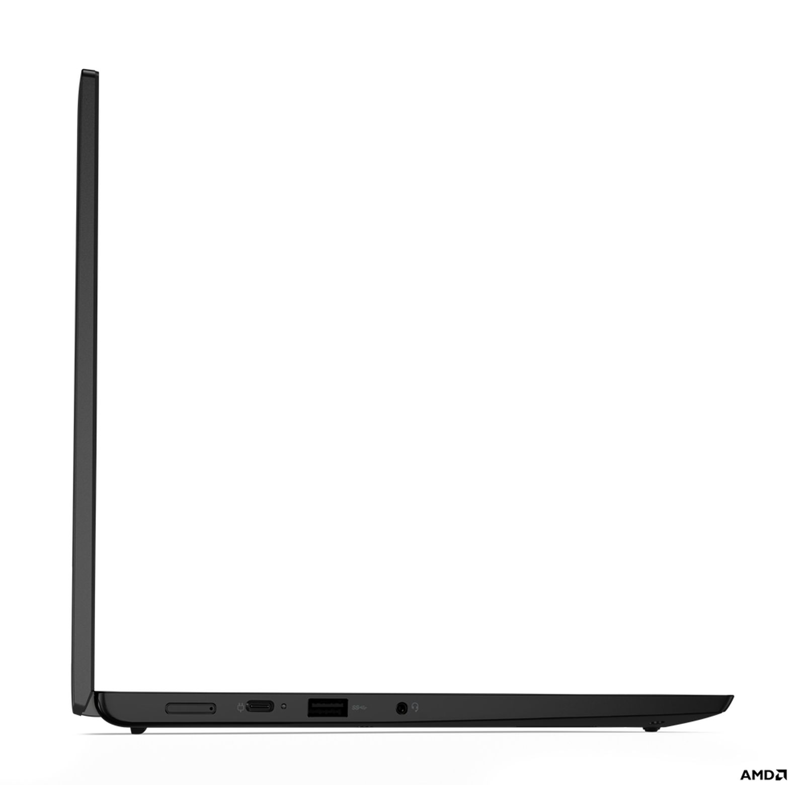 Seitenansicht eines schwarzen ThinkPad-Laptops. Das AMD-Logo ist sichtbar.