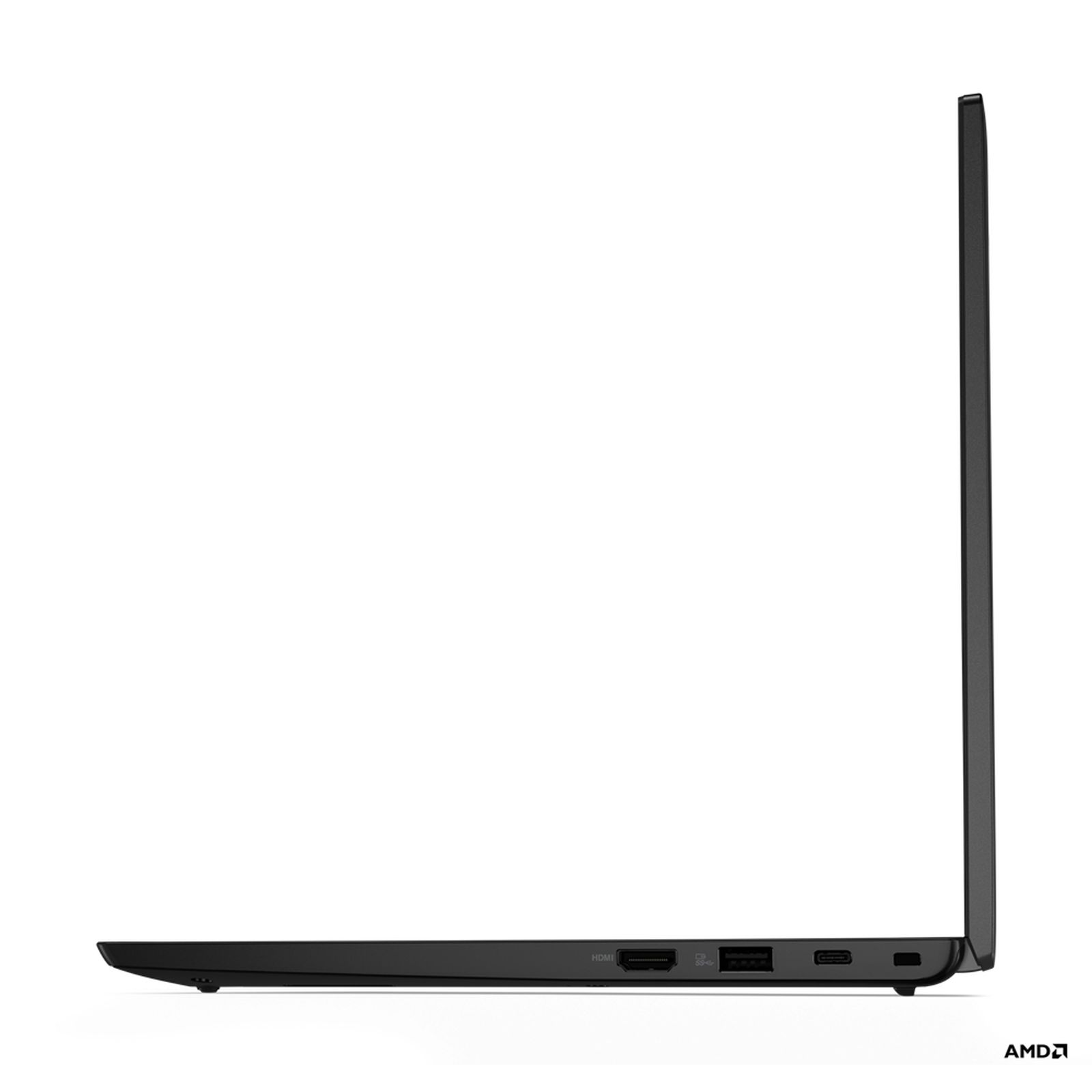 Seitenansicht eines schwarzen ThinkPad-Laptops. Anschlüsse und das AMD-Logo werden gezeigt. Weißer Hintergrund.