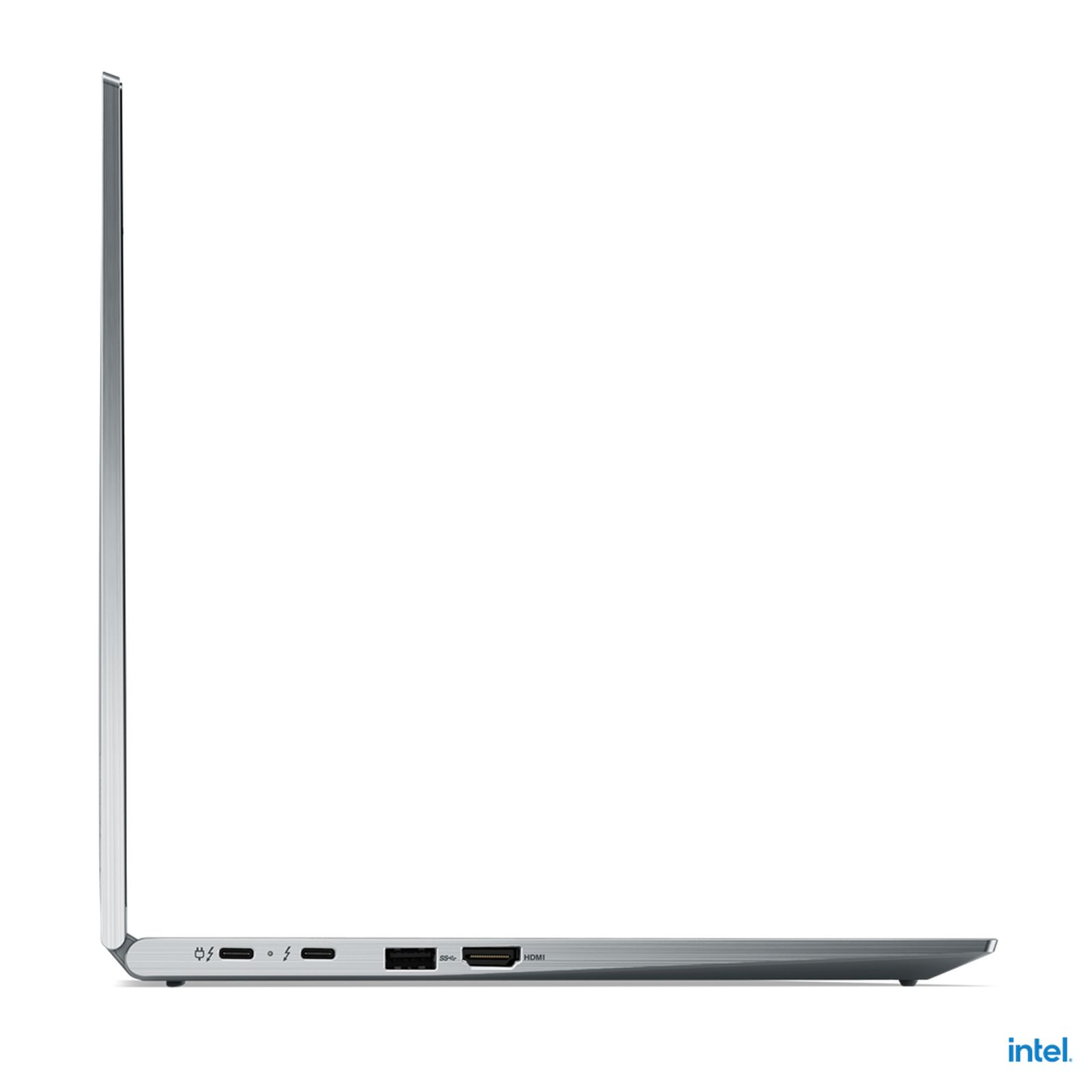 Seitenansicht eines Laptops, silberfarben, mit sichtbaren Anschlüssen. Zeigt HDMI, USB und Ladeanschlüsse.