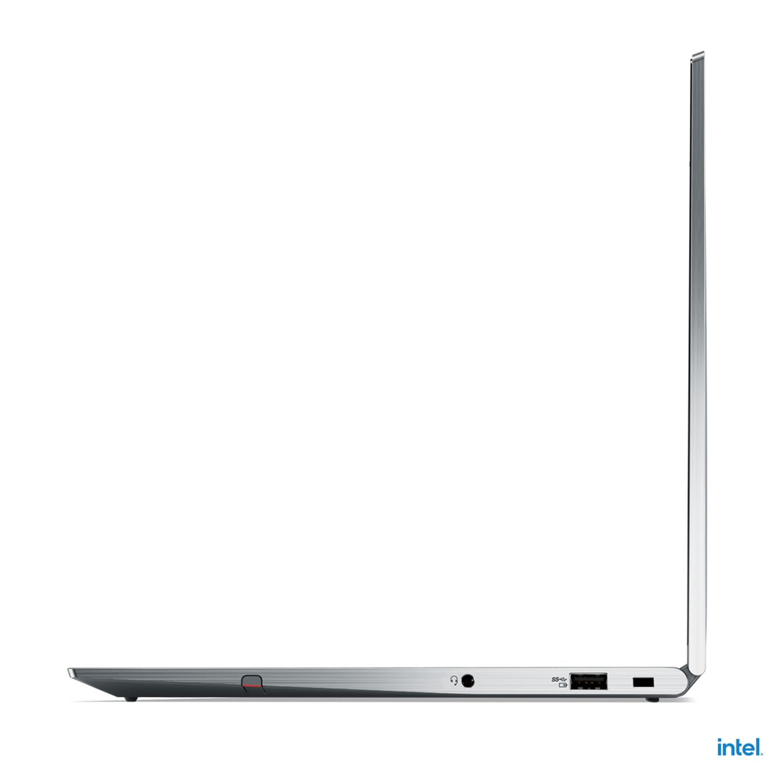 Seitenansicht eines silbernen Laptops mit Anschlüssen und schlankem Design.
