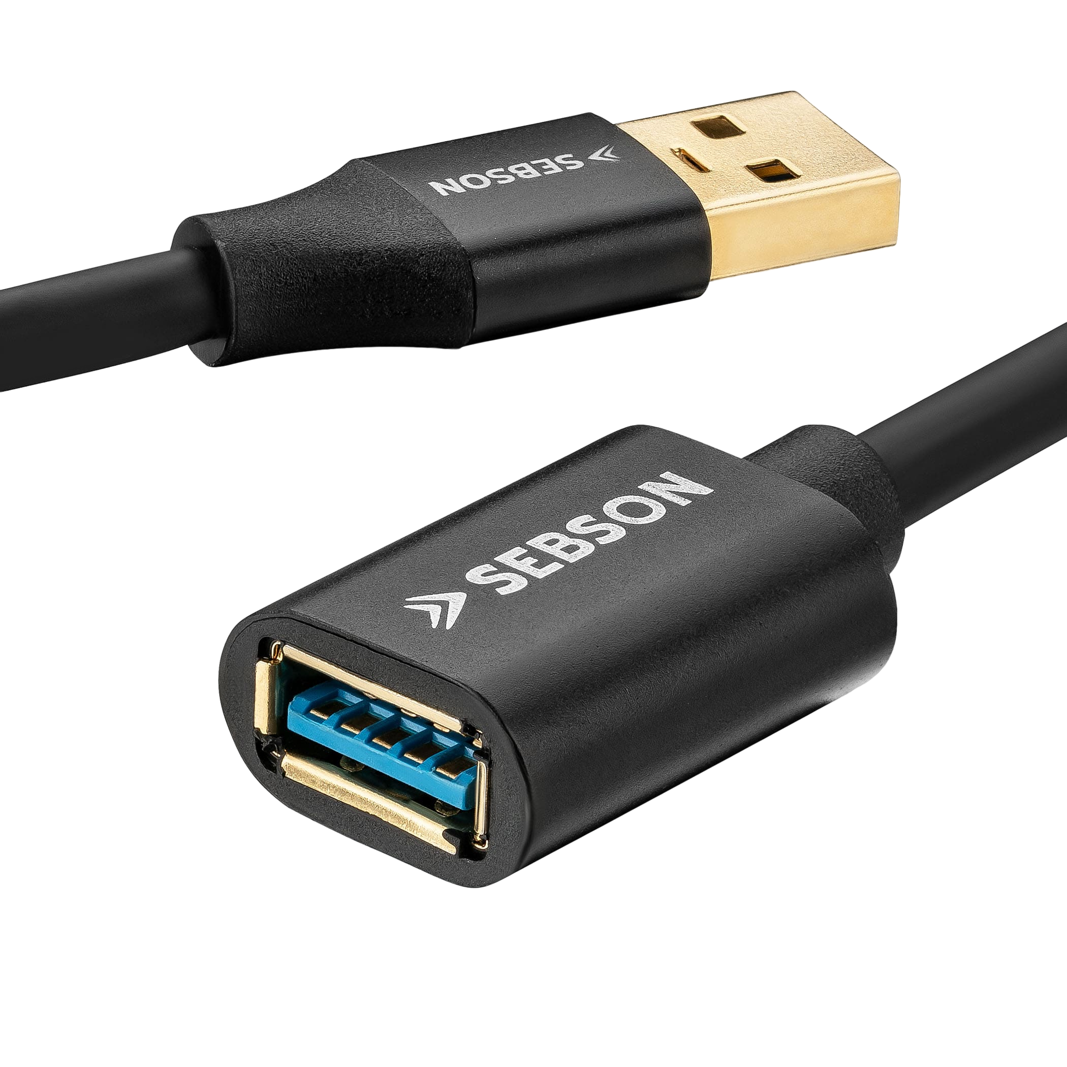Schwarzes USB-auf-USB-C-Kabel. USB-A-Anschluss ist gold, USB-C ist blau, Markenname ist SEBSON.
