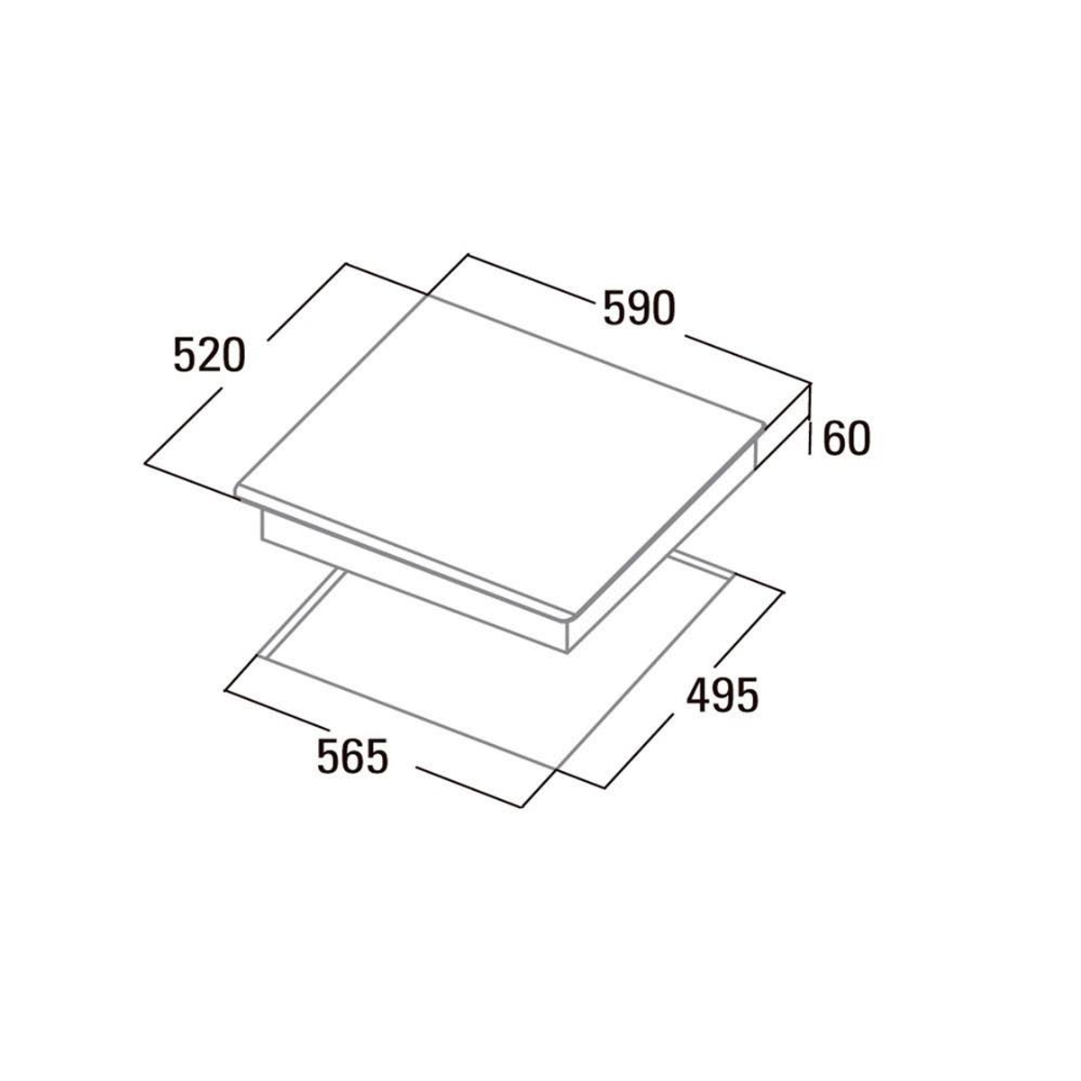Diagram przedstawiający wymiary płyty indukcyjnej. Szerokość, głębokość i wysokość.