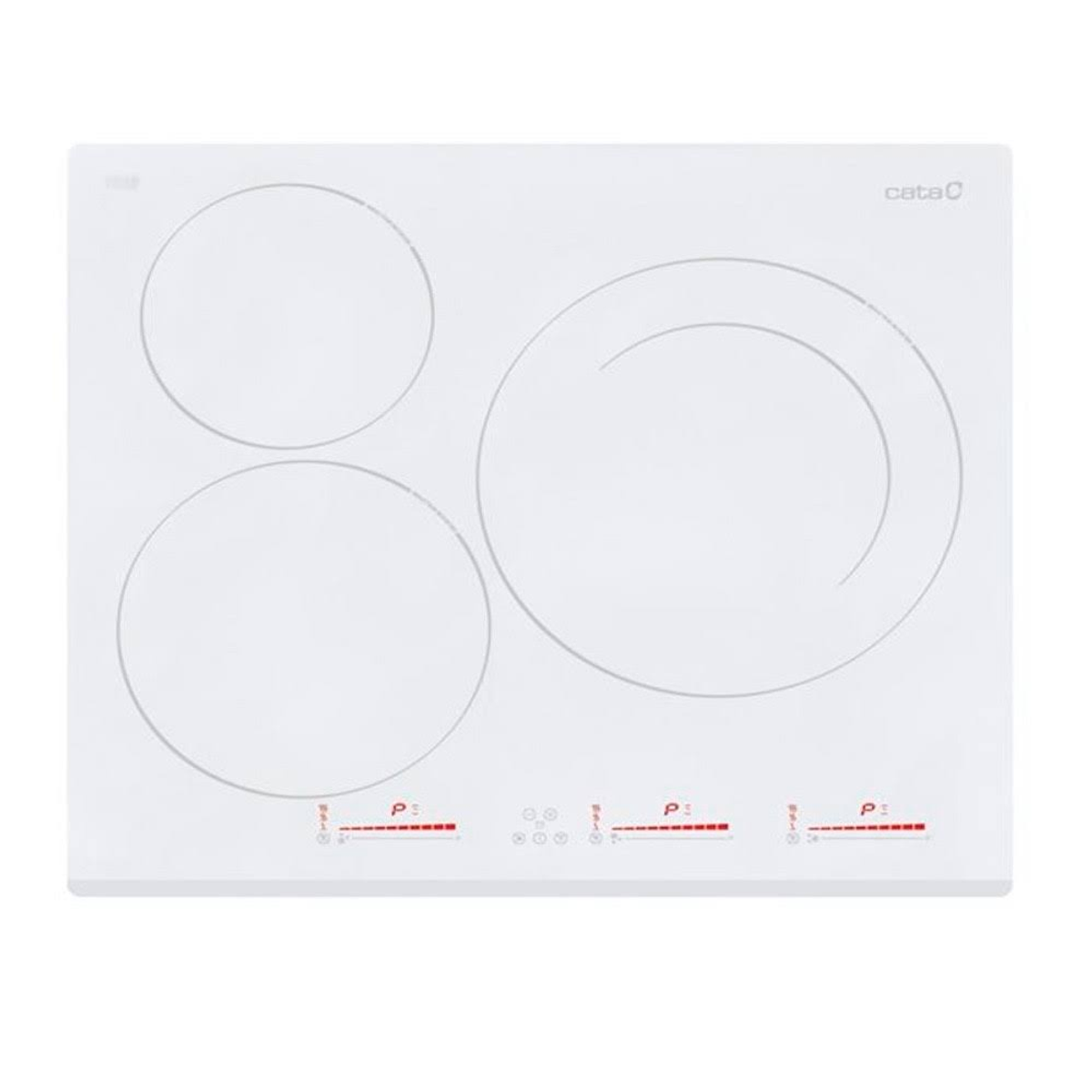 Placa de inducción blanca con tres zonas de cocción marcadas con líneas rojas. 'cataC' impreso arriba.